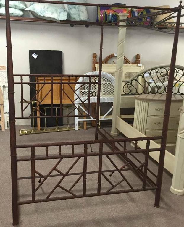 Queen Chinese Chippendale Faux Bamboo Vintage Metal Canopy Bed Chinoiserie Bed at 1stDibs