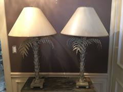 Palm Frond Tree Leaf Table Lamps Pair, Vintage Metal Tole Palm Beach