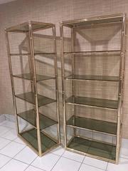 Pair Faux Bamboo Brass Etageres Glass Display Shelves Hollywood Regency Metal