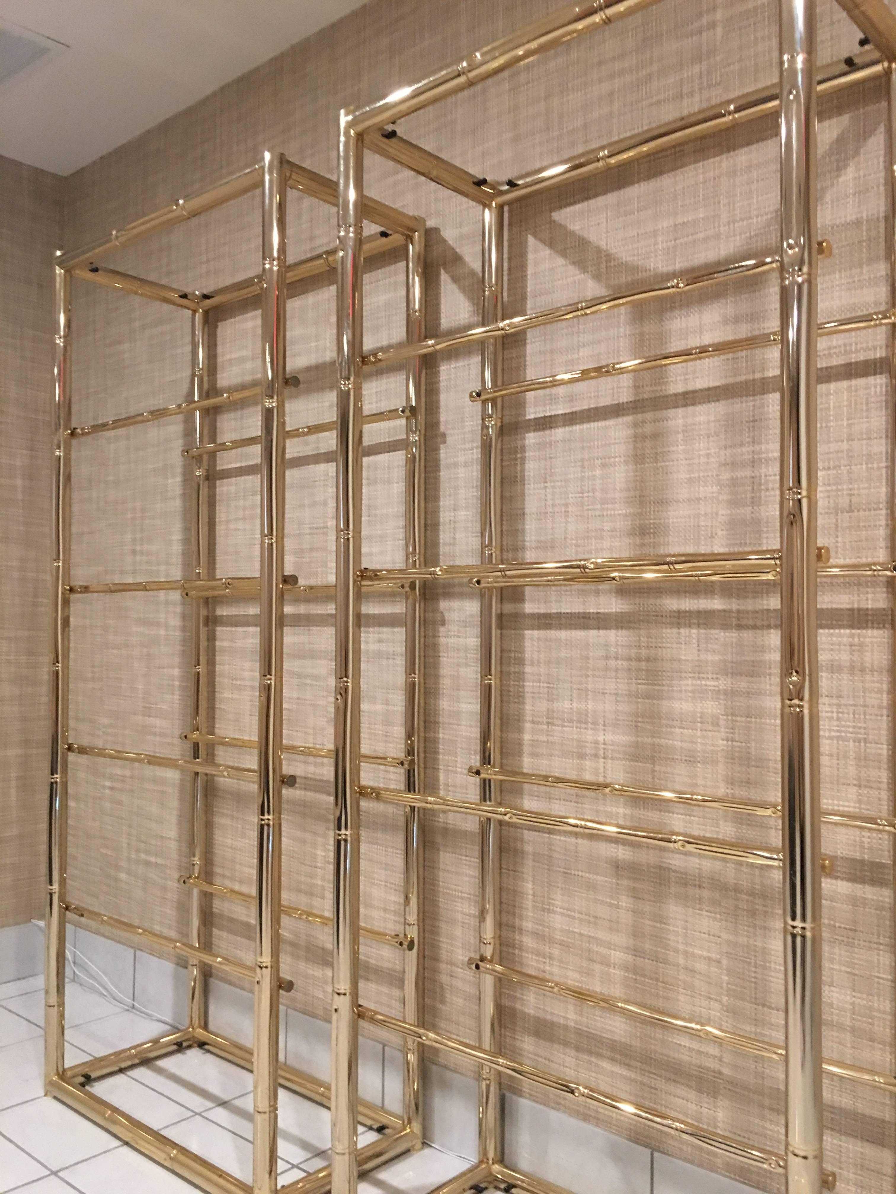 Pair Faux Bamboo Brass Etageres Glass Display Shelves Hollywood Regency Metal In Good Condition In West Palm Beach, FL