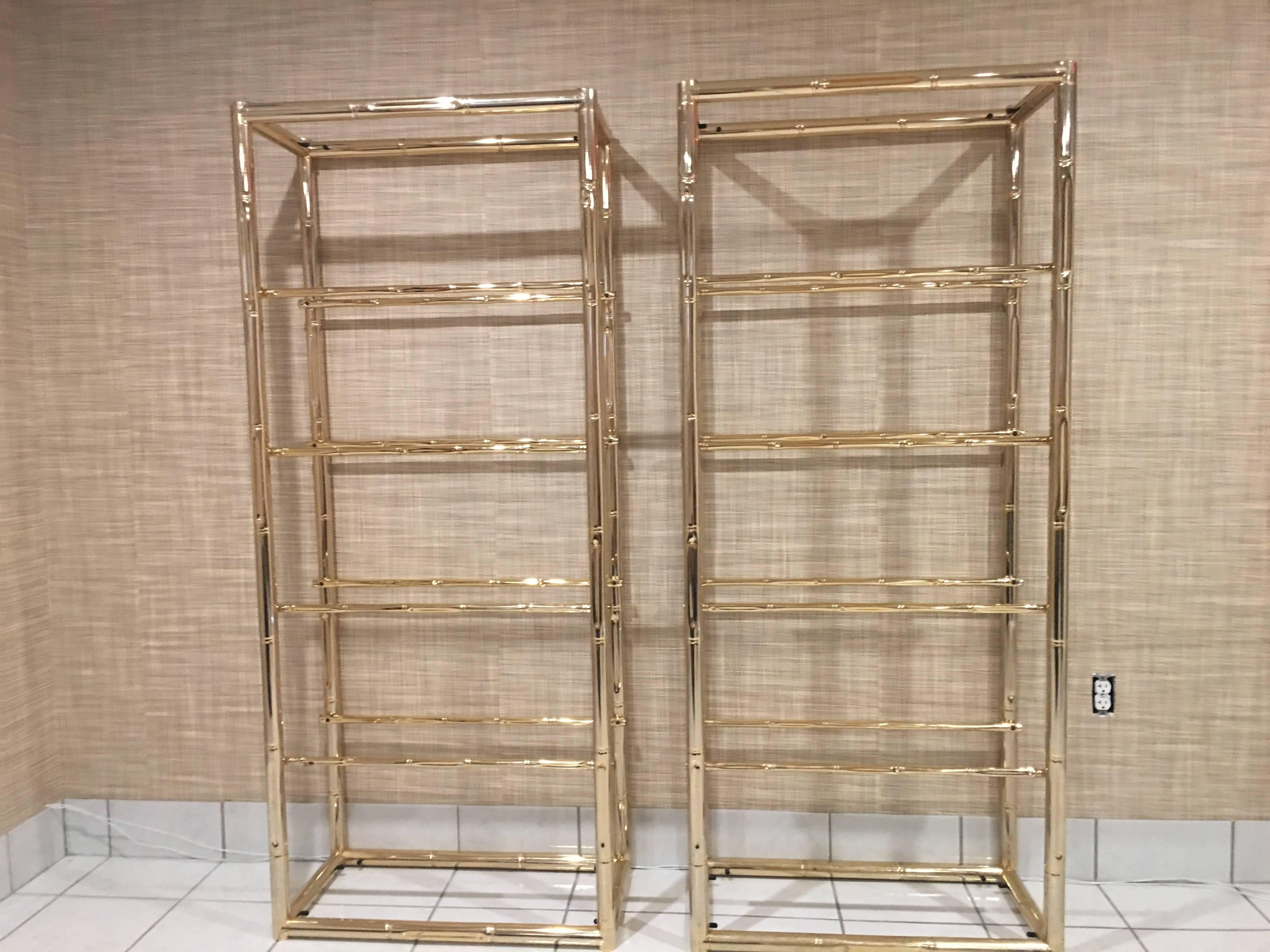 Mid-20th Century Pair Faux Bamboo Brass Etageres Glass Display Shelves Hollywood Regency Metal