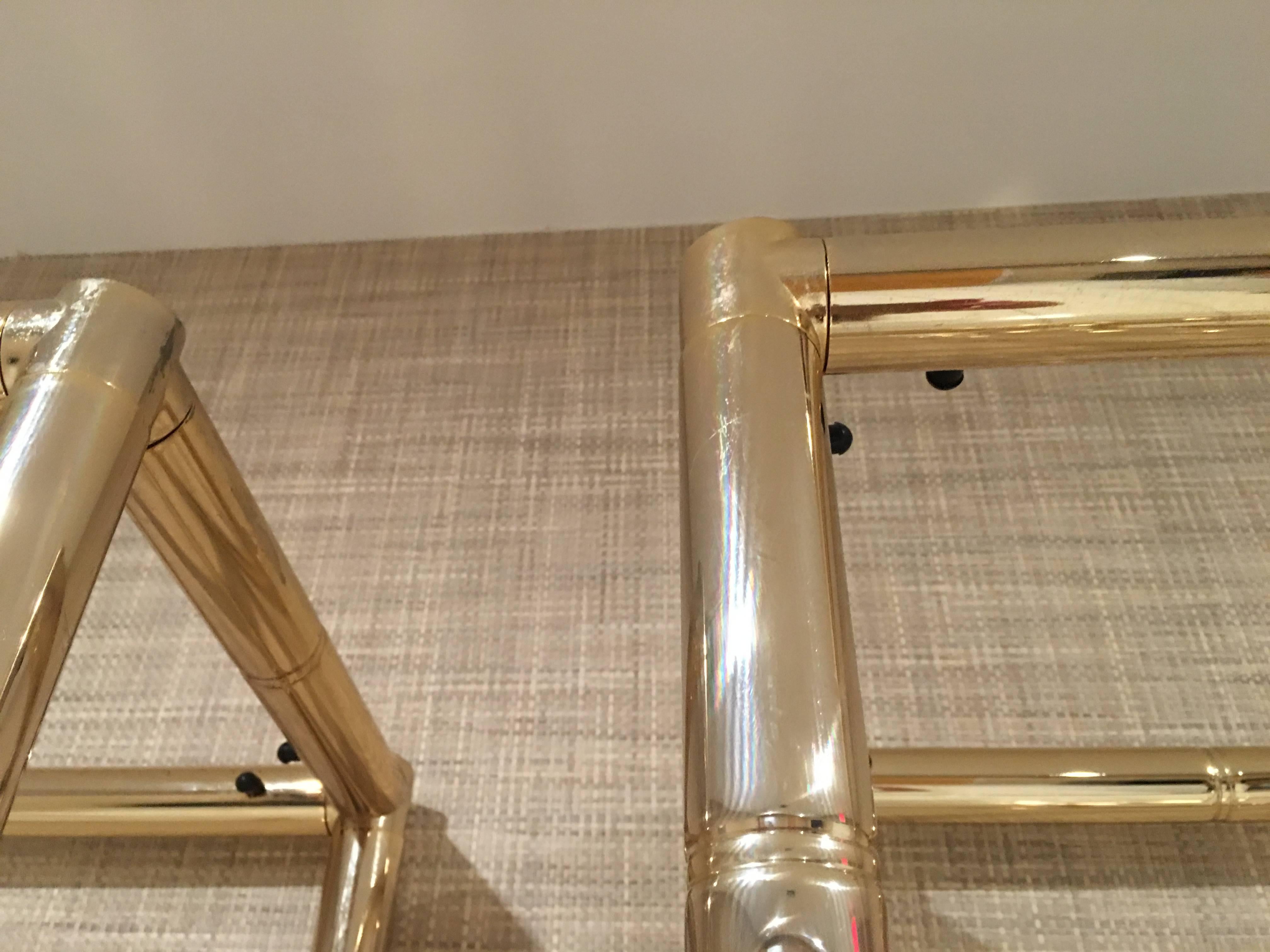 Pair Faux Bamboo Brass Etageres Glass Display Shelves Hollywood Regency Metal 2