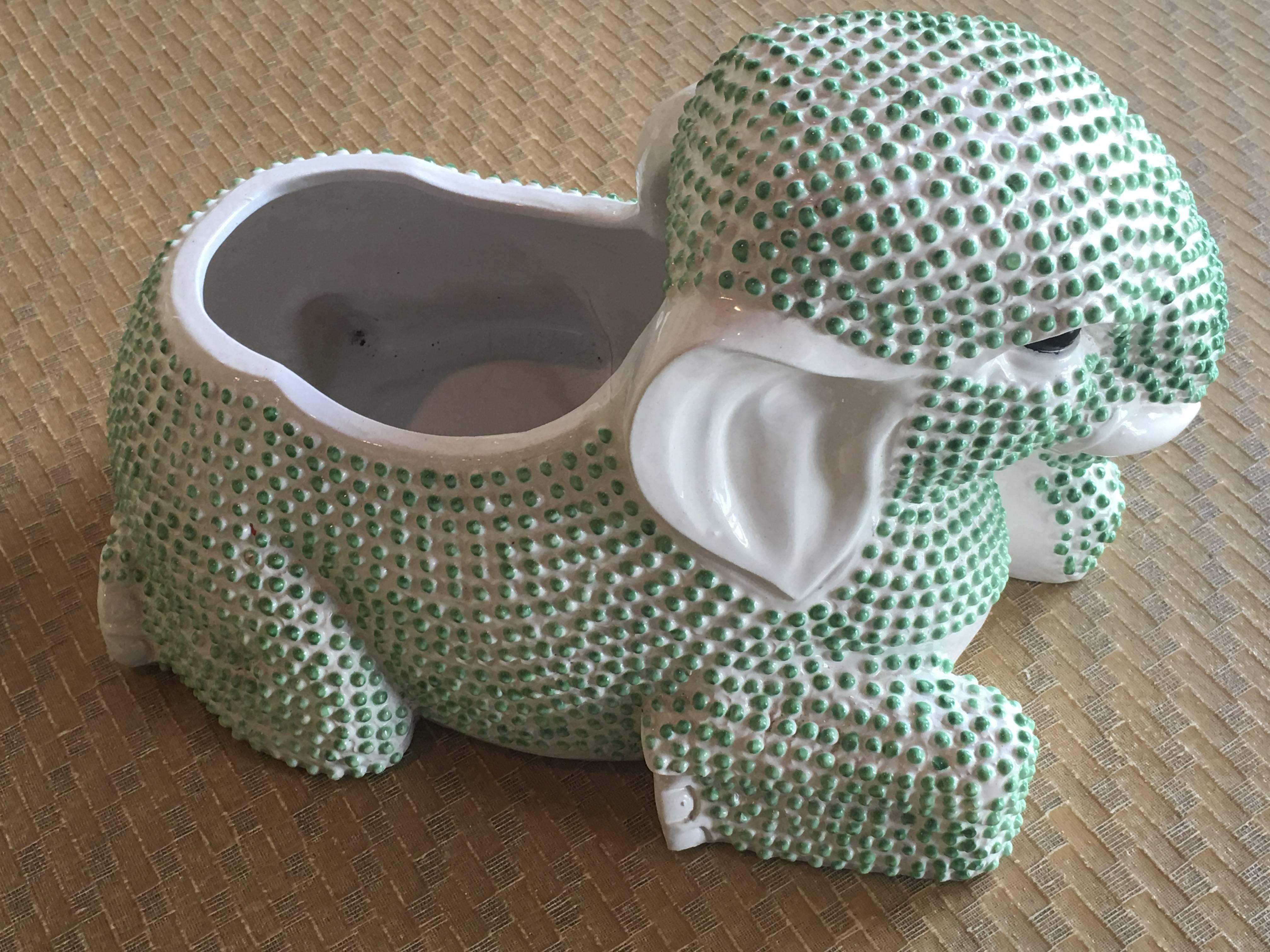 The cutest vintage green and white hobnail ceramic elephant planter. Perfect for your plant, flowers or even as a soap holder!