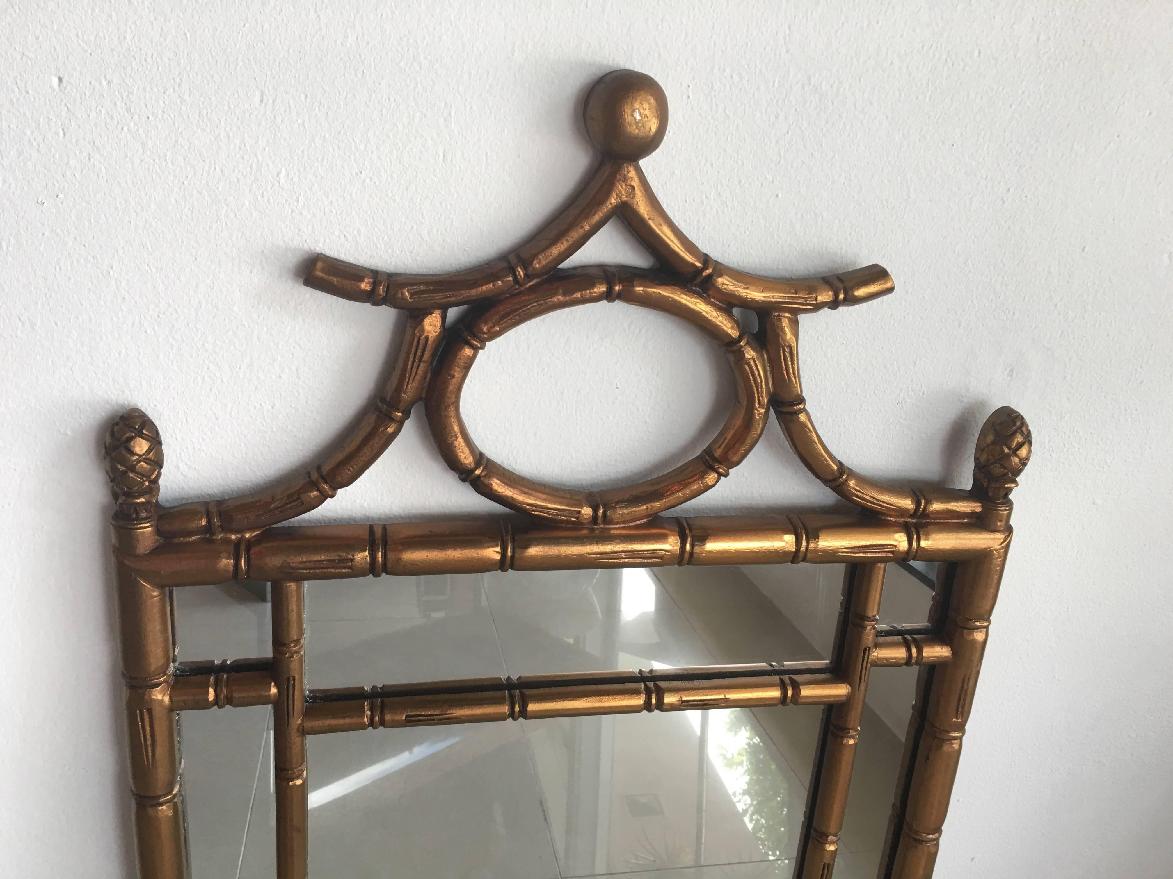 Hollywood Regency Faux Bamboo Wall Mirror Chinese Chippendale Chinoiserie Palm Beach Gold Vintage