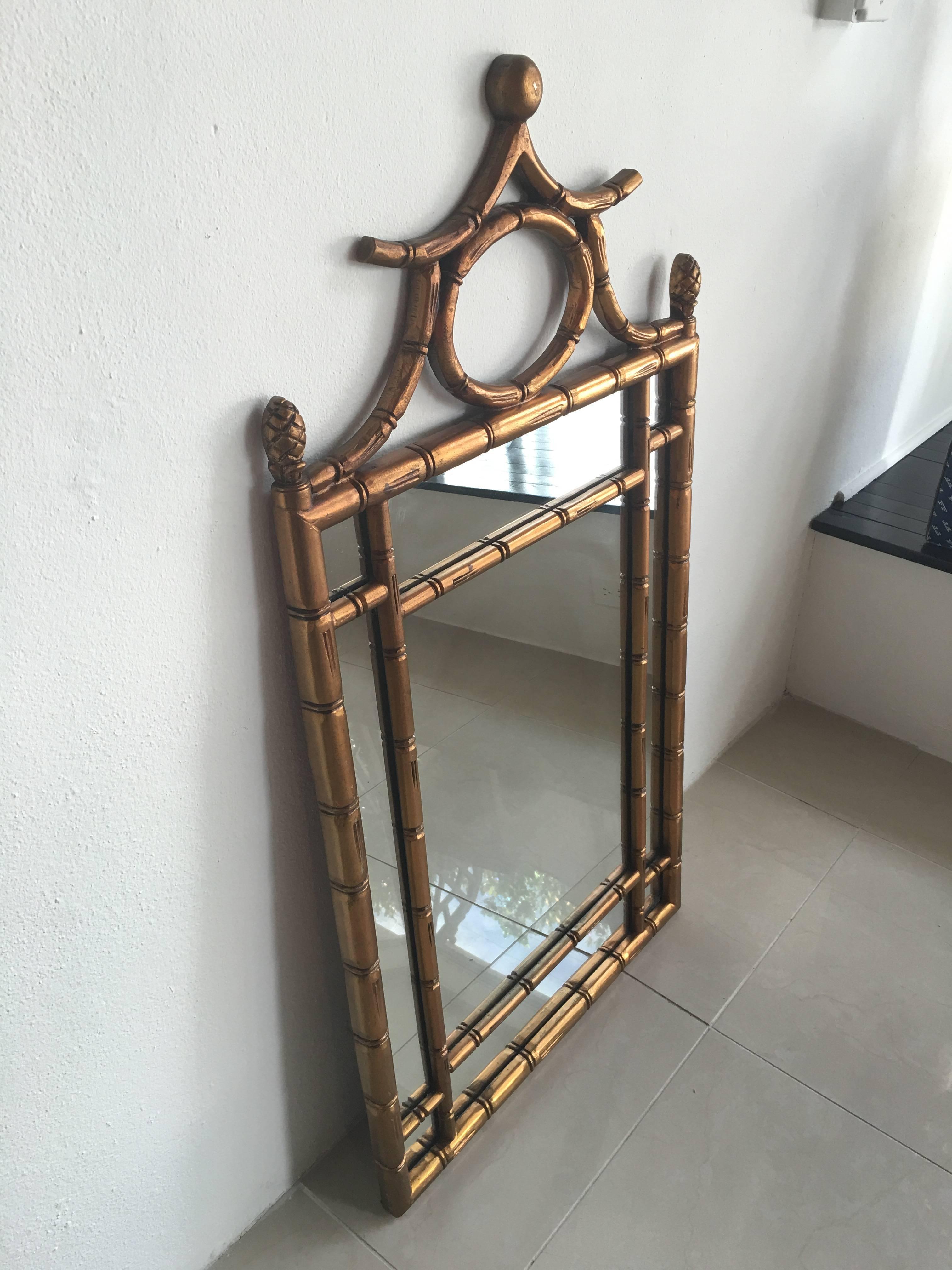 Faux Bamboo Wall Mirror Chinese Chippendale Chinoiserie Palm Beach Gold Vintage In Excellent Condition In West Palm Beach, FL