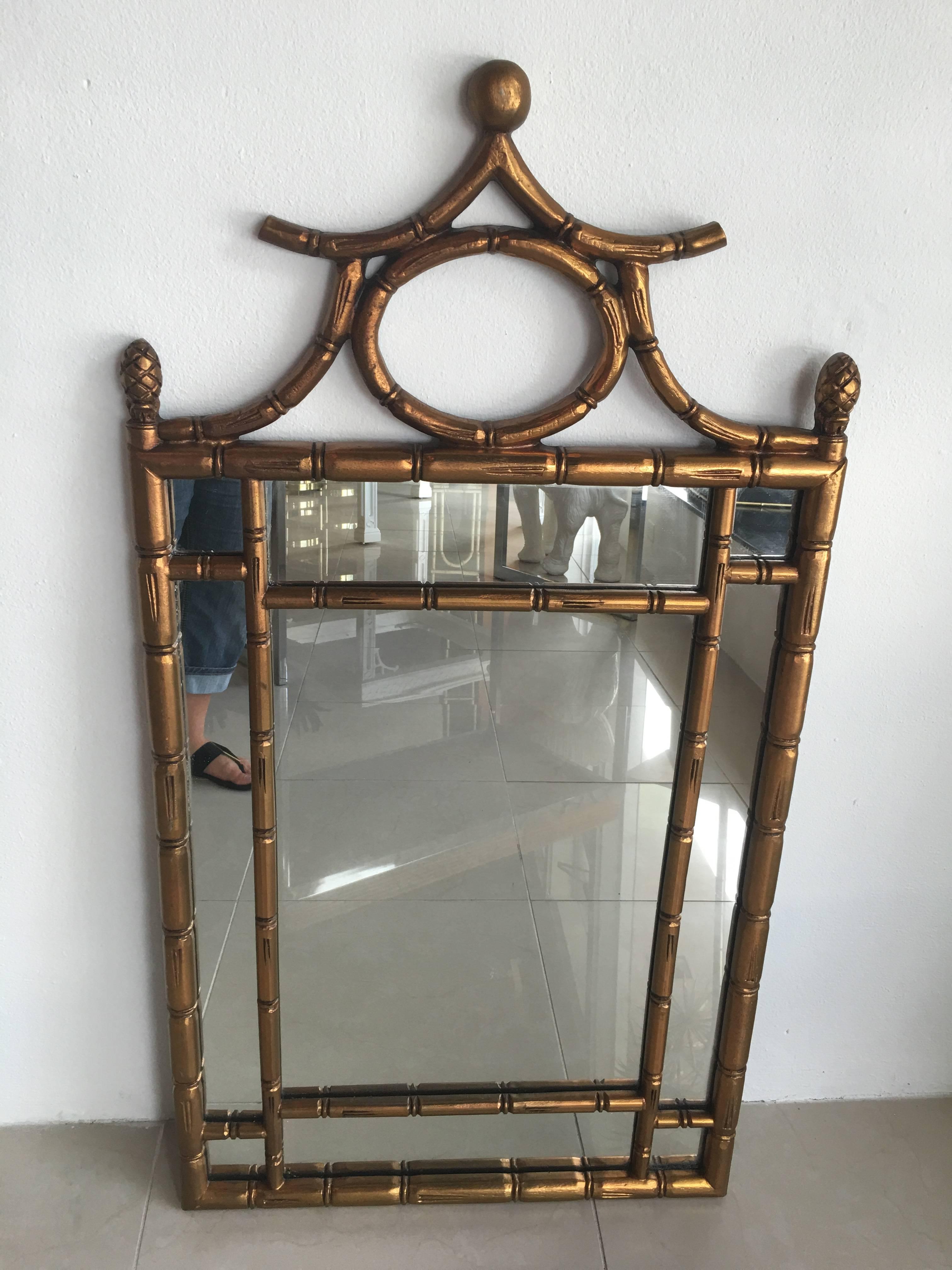 Late 20th Century Faux Bamboo Wall Mirror Chinese Chippendale Chinoiserie Palm Beach Gold Vintage