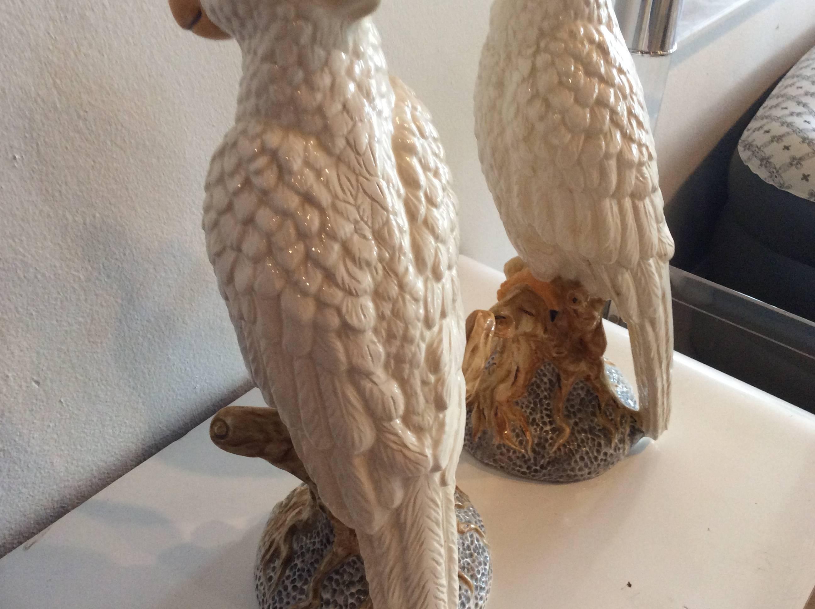 Pair of Vintage Italian Bird Cockatoo Statues Ceramic Hollywood Regency 1