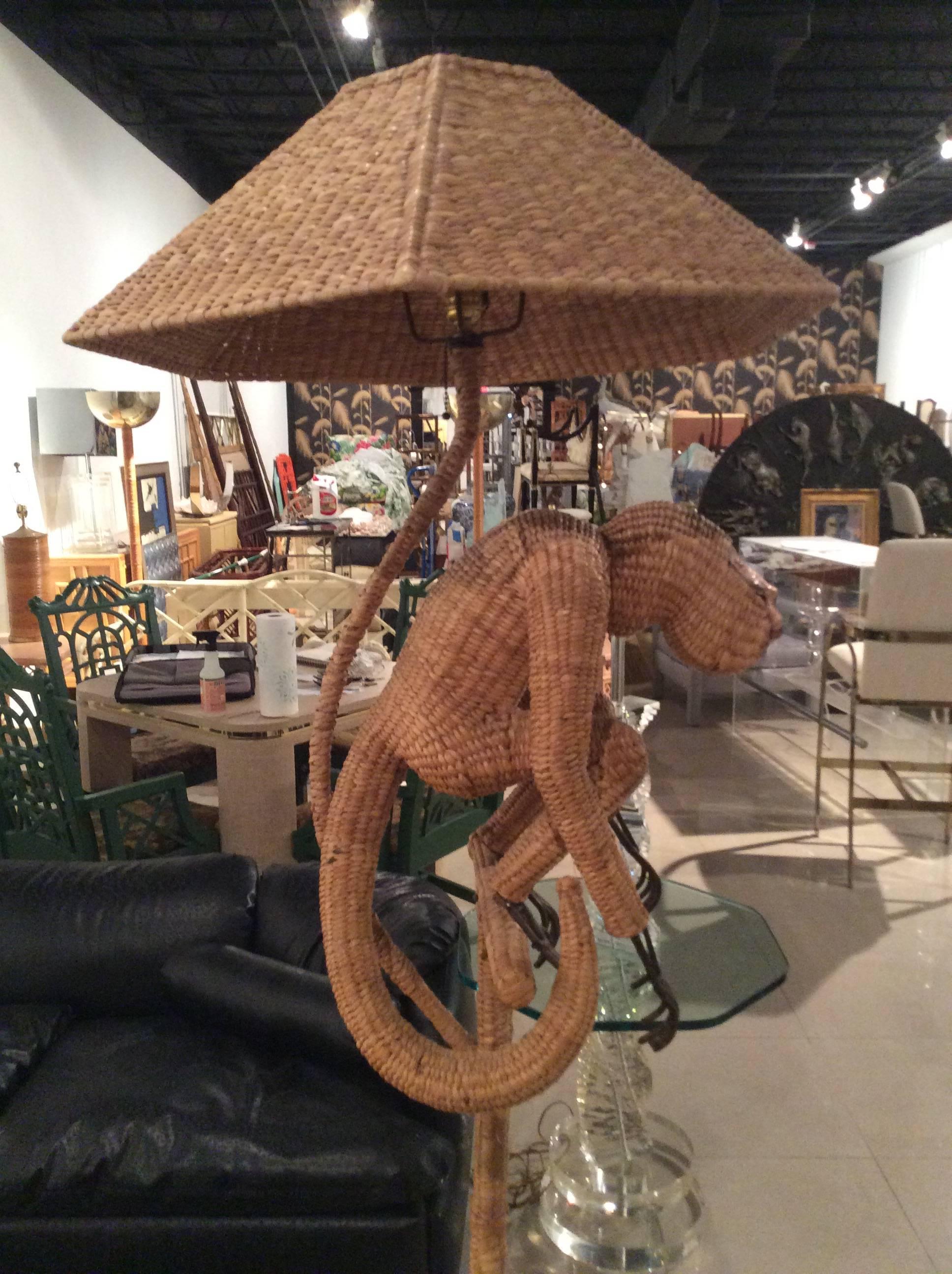 Mexican Mario Lopez Torres Monkey Floor Lamp Wicker Rattan Greek Key Hollywood Regency
