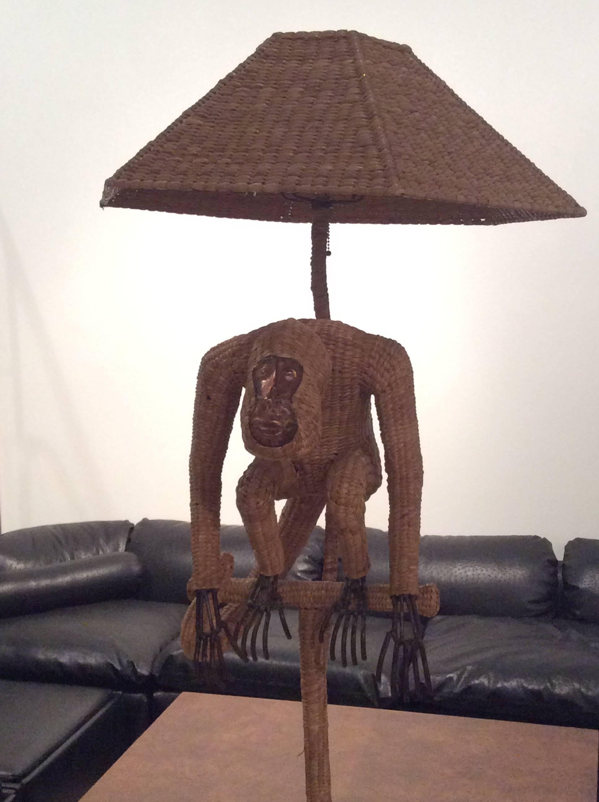 Mario Lopez Torres Monkey Floor Lamp Wicker Rattan Greek Key Hollywood Regency In Good Condition In West Palm Beach, FL