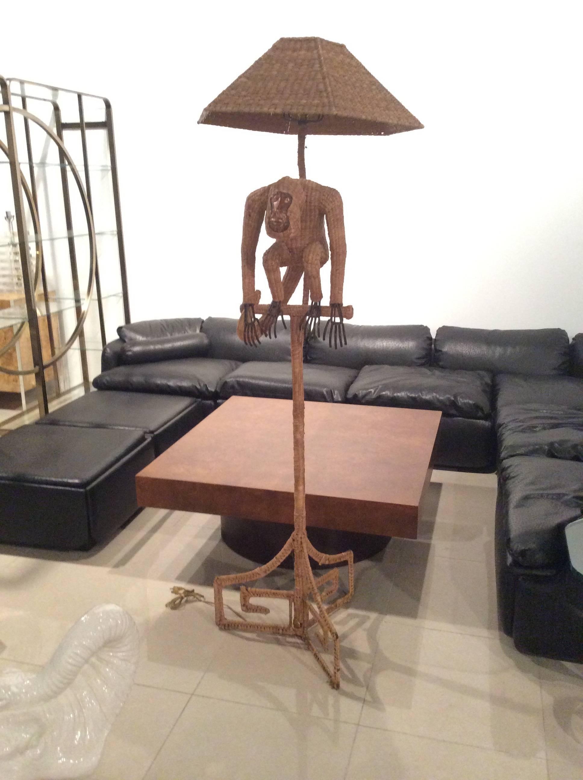 Late 20th Century Mario Lopez Torres Monkey Floor Lamp Wicker Rattan Greek Key Hollywood Regency