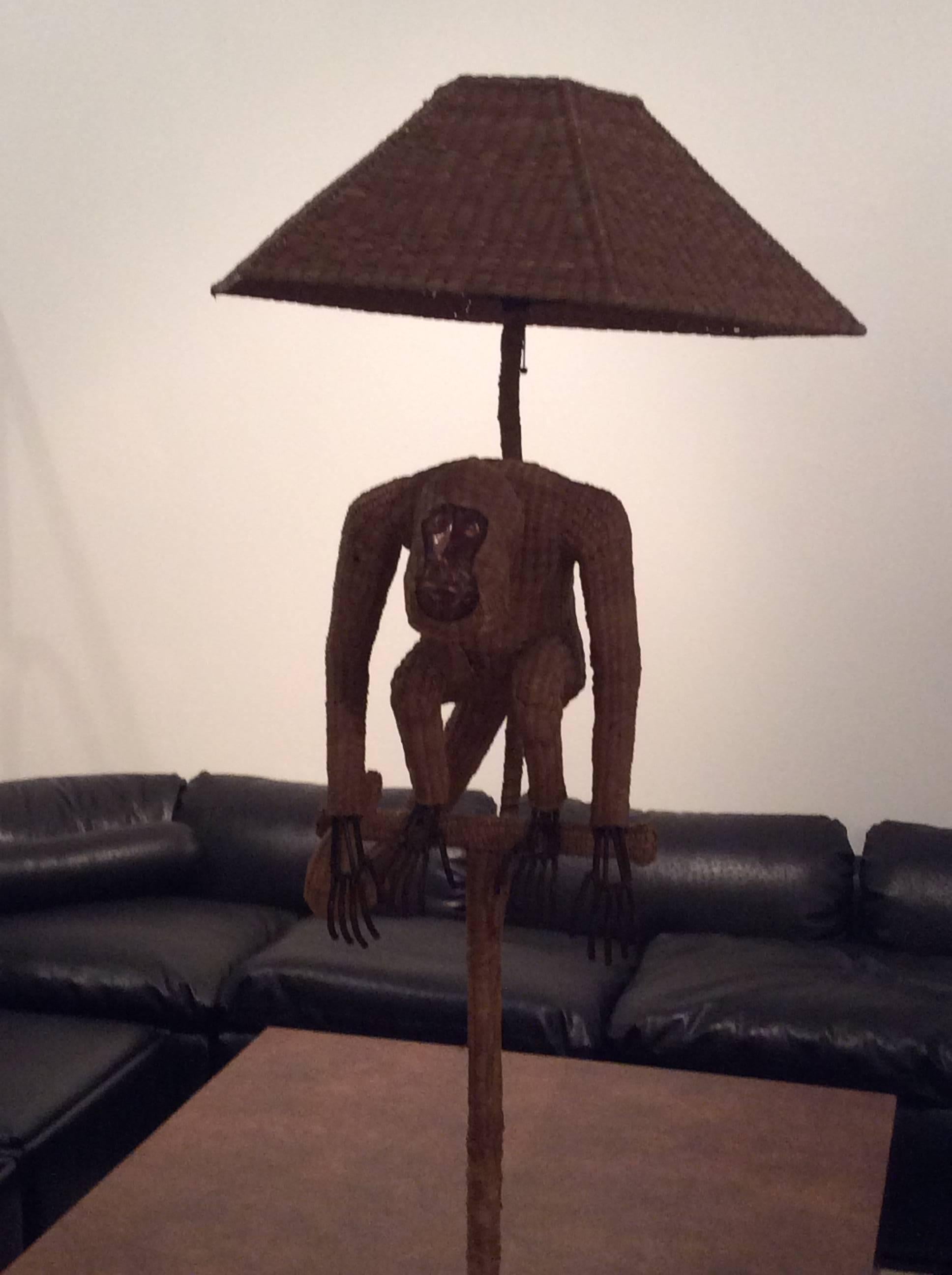 Metal Mario Lopez Torres Monkey Floor Lamp Wicker Rattan Greek Key Hollywood Regency