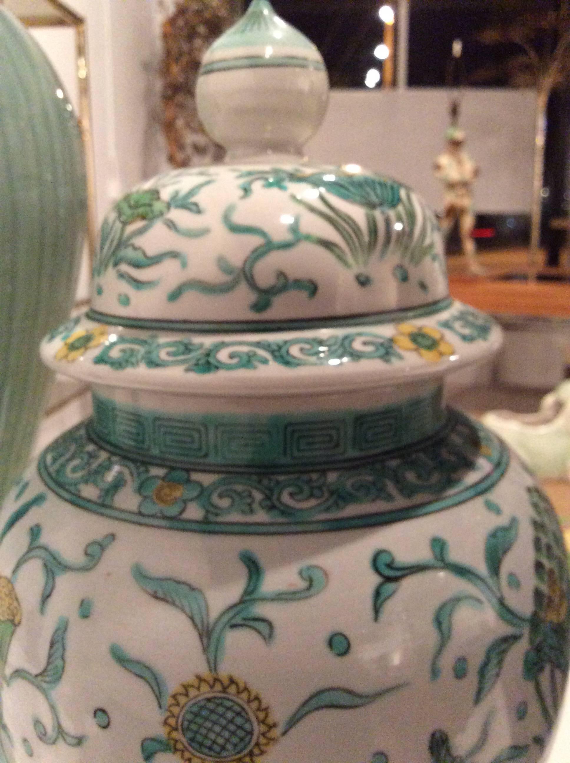 green and white ginger jars