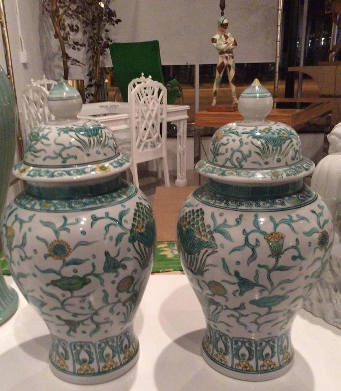Pair Vintage Ginger Jar Green Asian Oriental Greek Key Hollywood The Prettiest Pair Of Oriental Asian Ginger Jars With A Lovely Green And Yellow Color