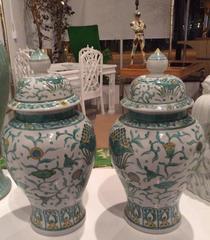 Pair Vintage Ginger Jar Green Asian Oriental Greek Key Hollywood Regency Japan