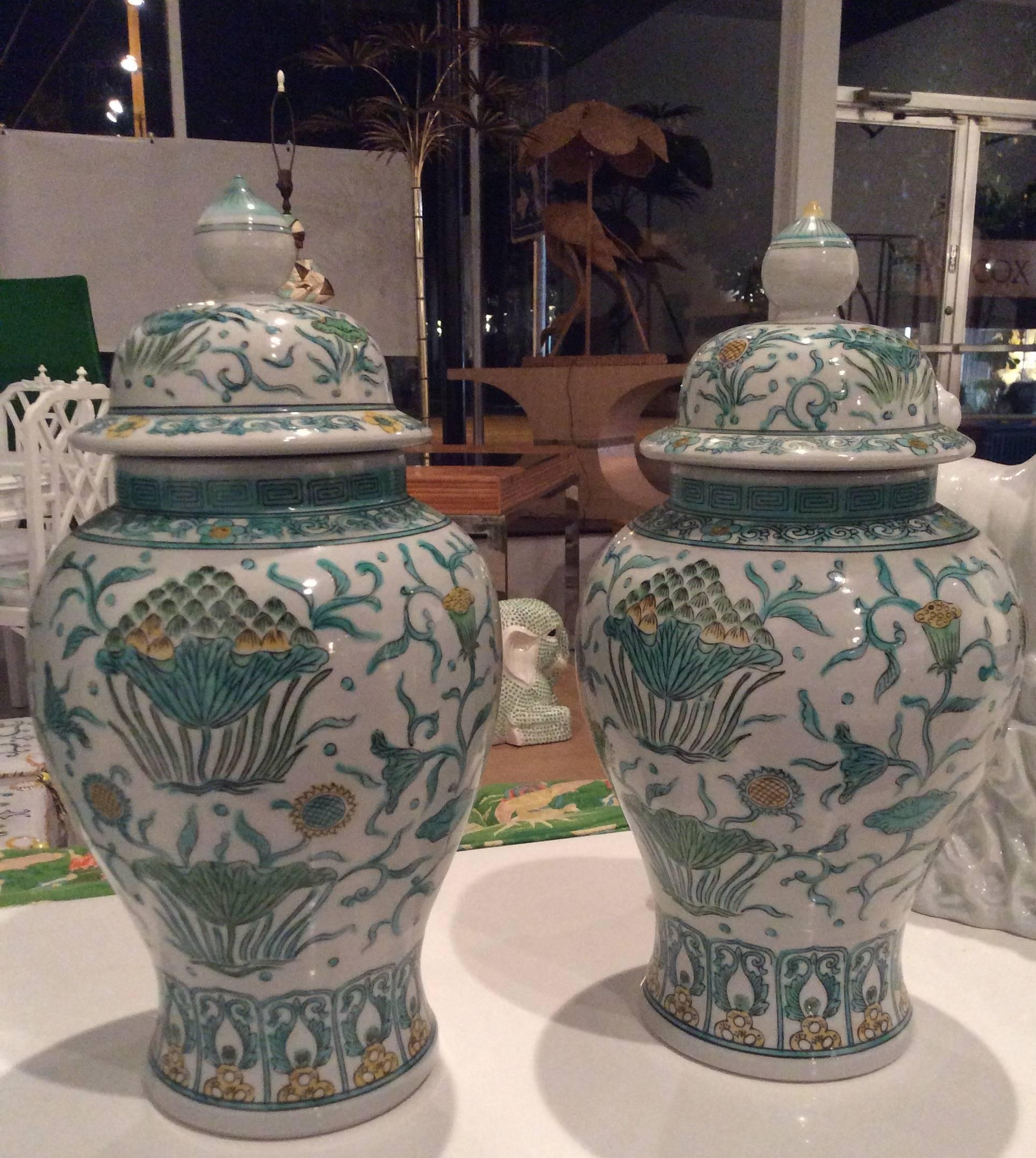 Ceramic Pair Vintage Ginger Jar Green Asian Oriental Greek Key Hollywood Regency Japan