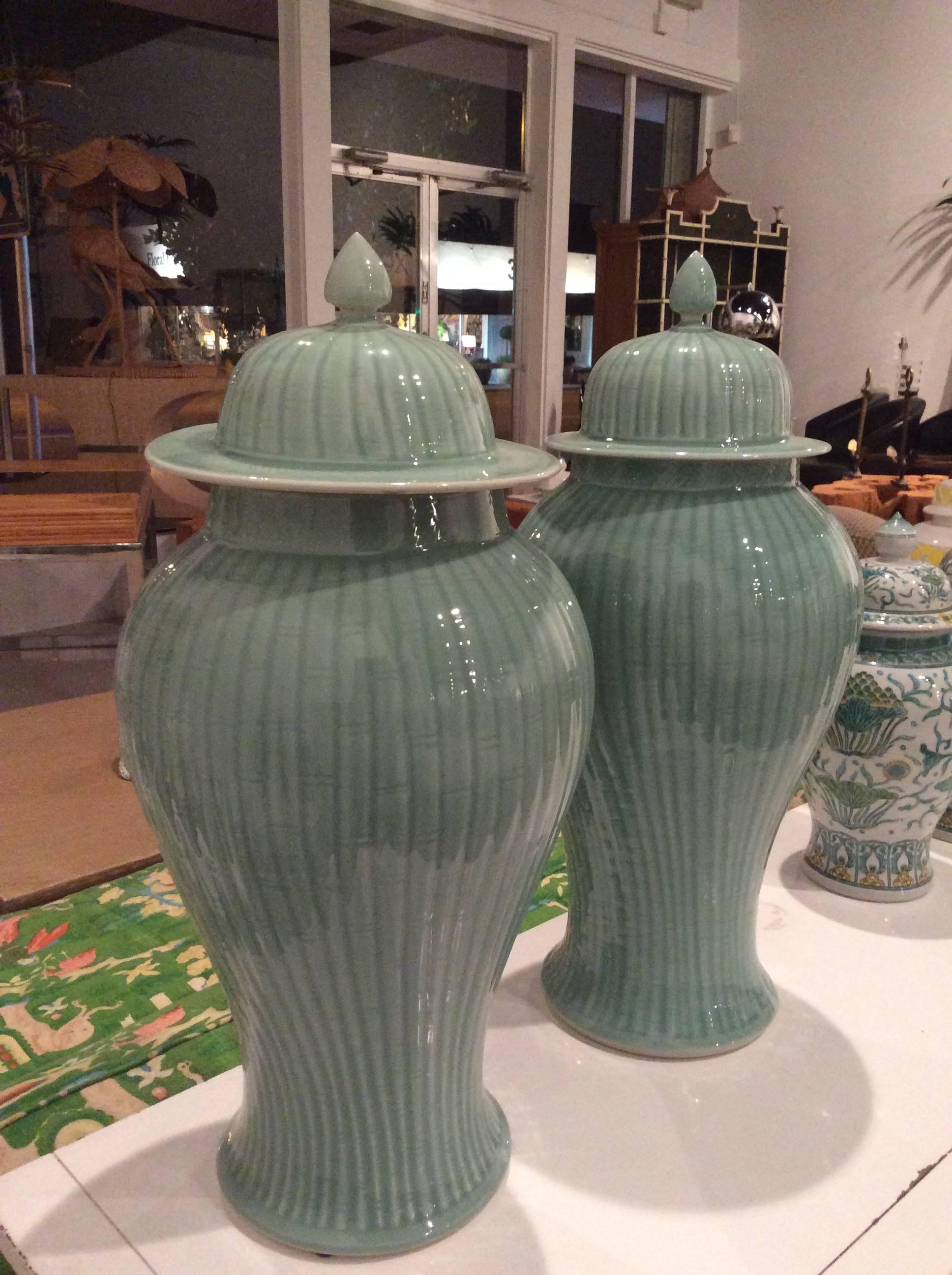 Large vintage celedon mint green ginger jars with a faux bamboo pattern. No chips or breaks. Great for the Hollywood Regency, Palm Beach, Chinese Chippendale decor.