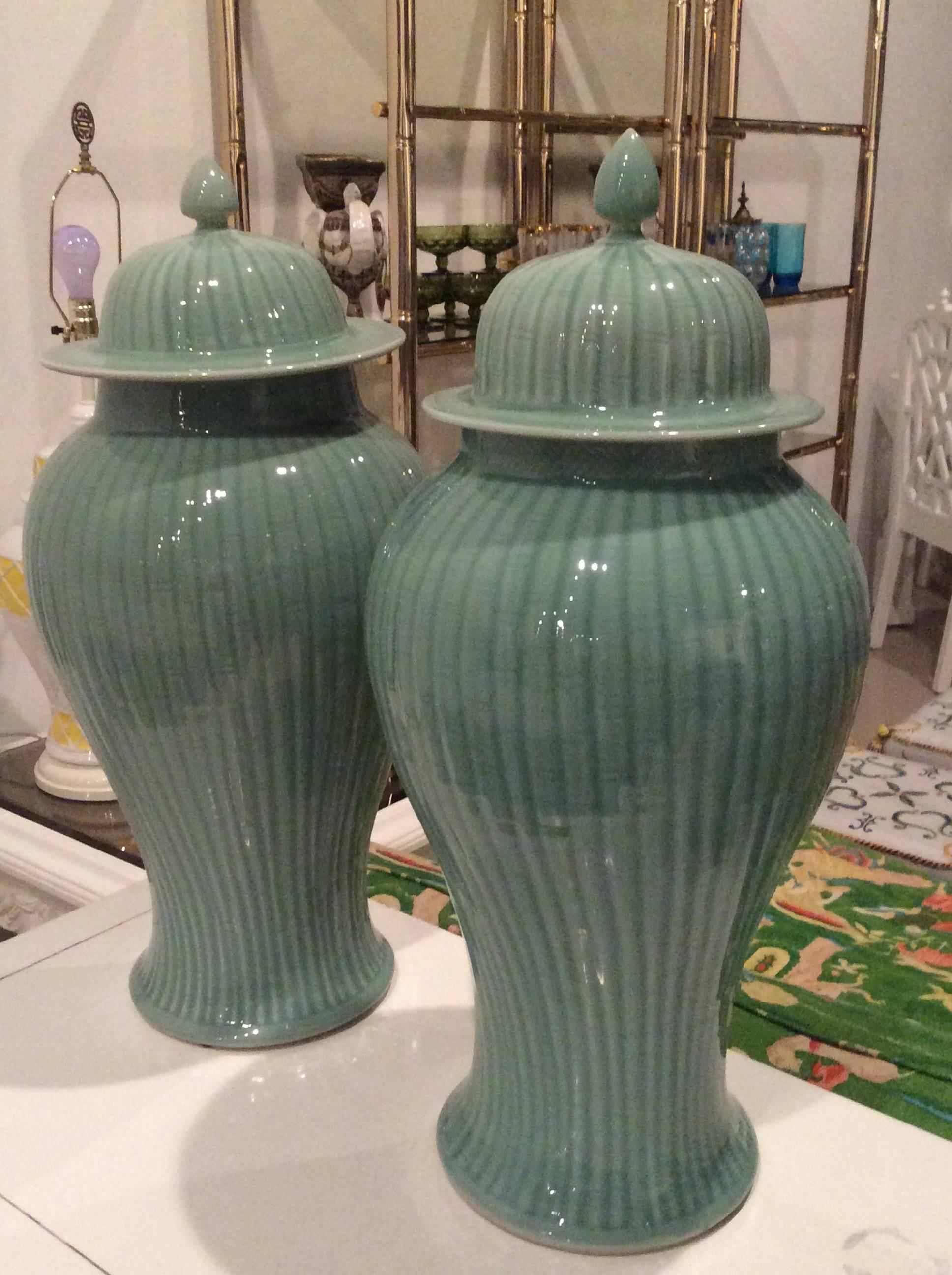 Japanese Pair Ginger Jars Mint Green Celedon Faux Bamboo Pattern Hollywood Regency 