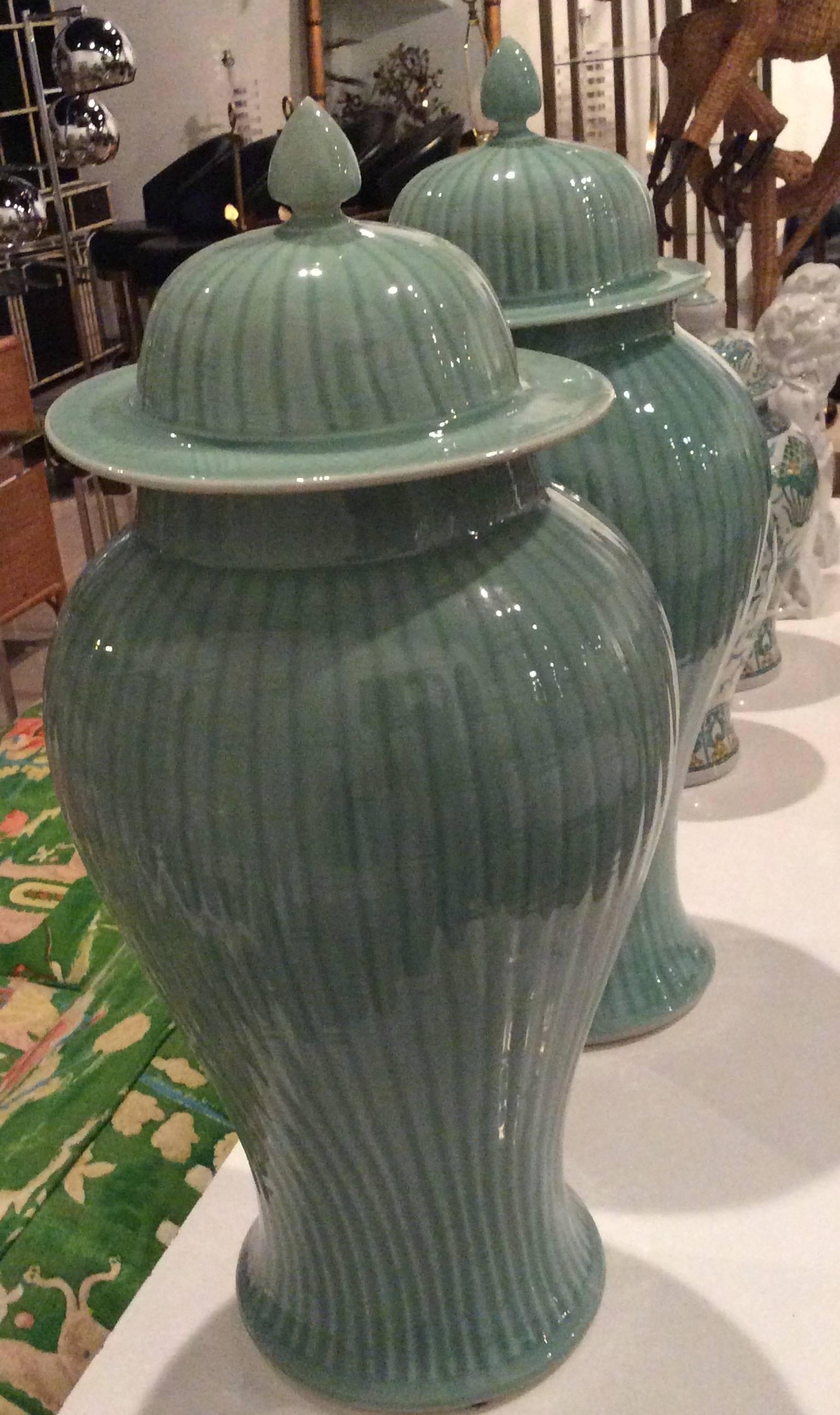 Ceramic Pair Ginger Jars Mint Green Celedon Faux Bamboo Pattern Hollywood Regency 