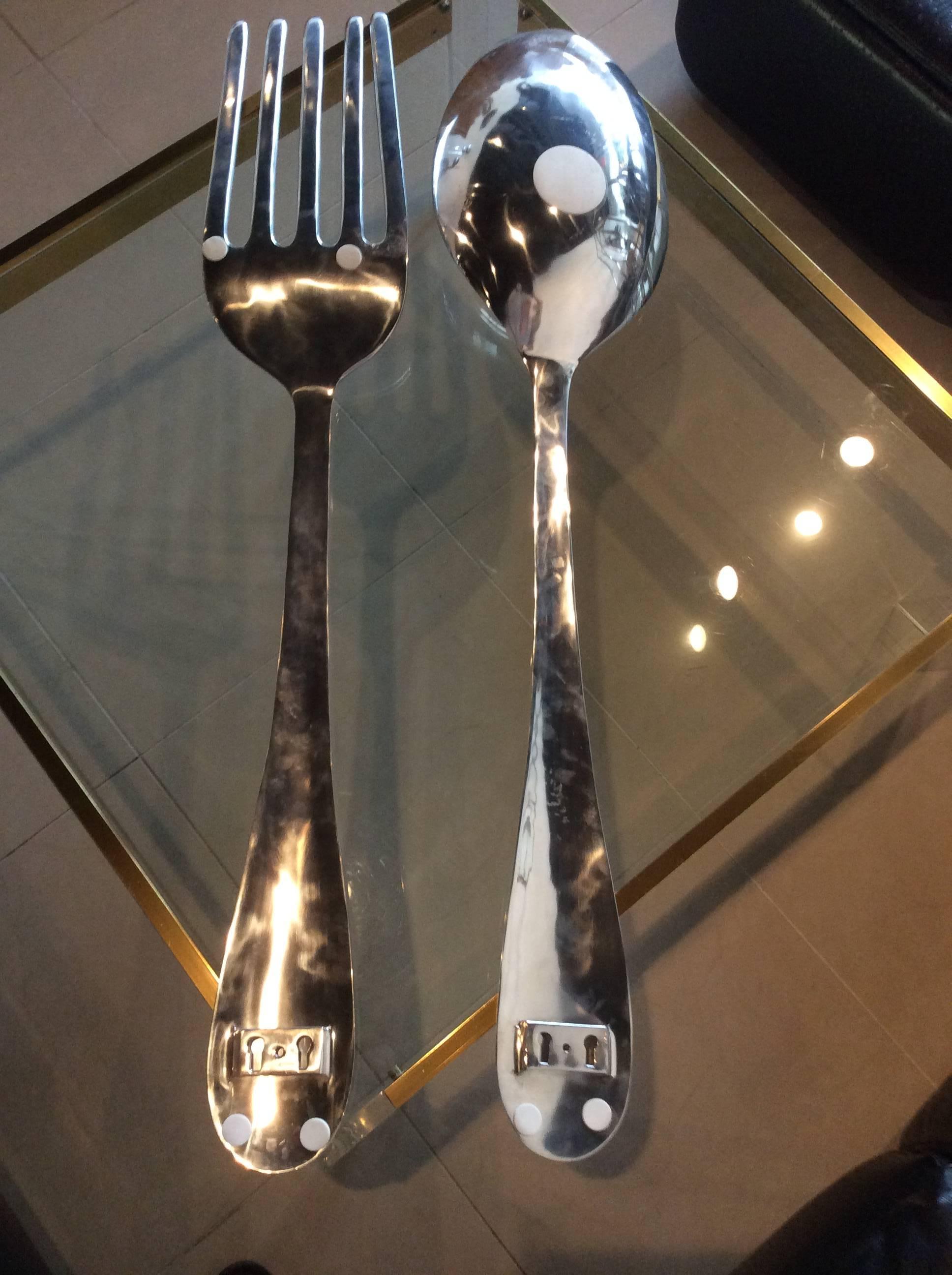 American Fork and Spoon Wall Decor Kitchen Curtis C. Jere Style Hardware Chrome Pair