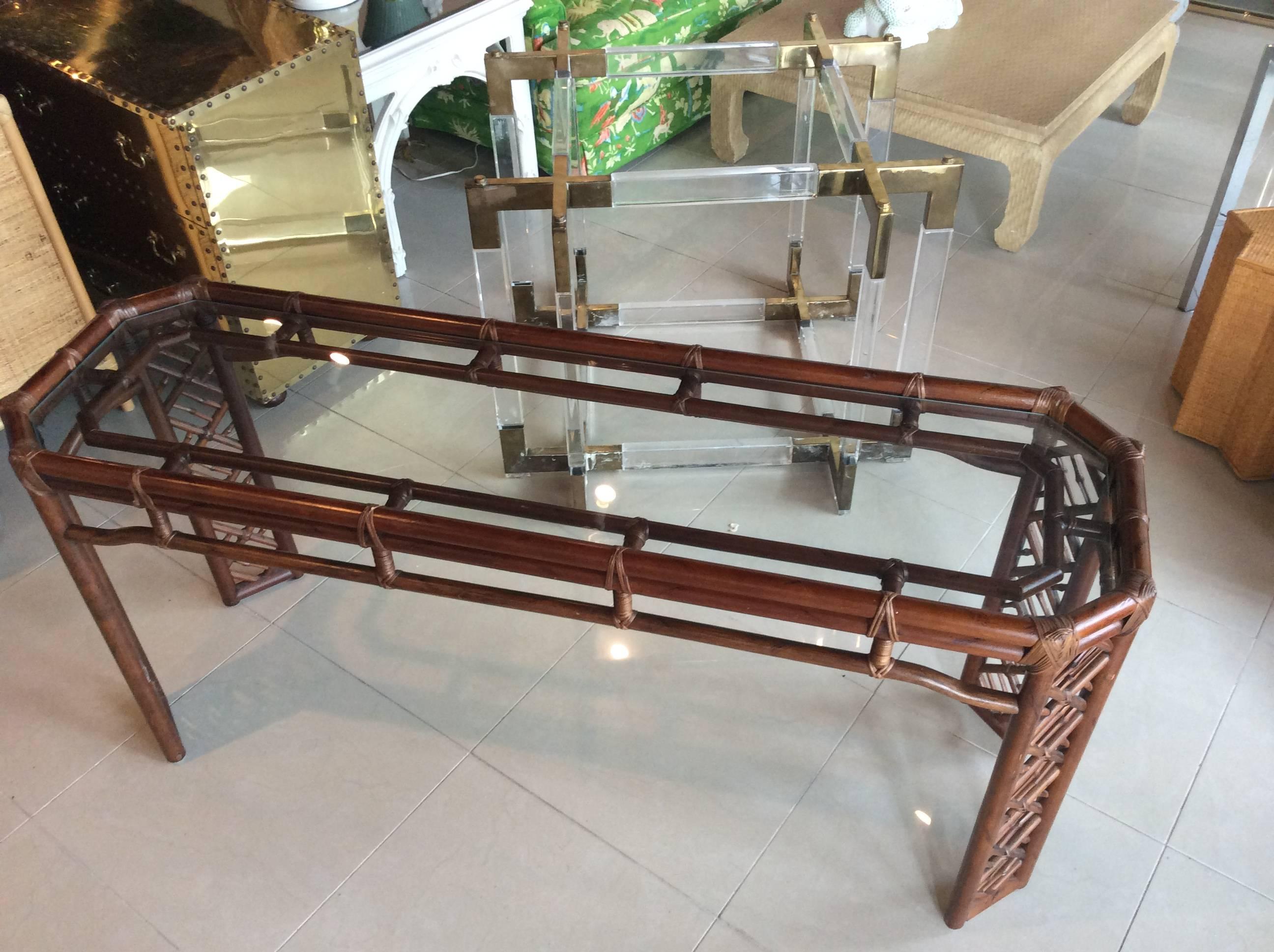 American Brown Jordan Rattan Console Table Faux Bamboo Hollywood Regency Wicker Vintage