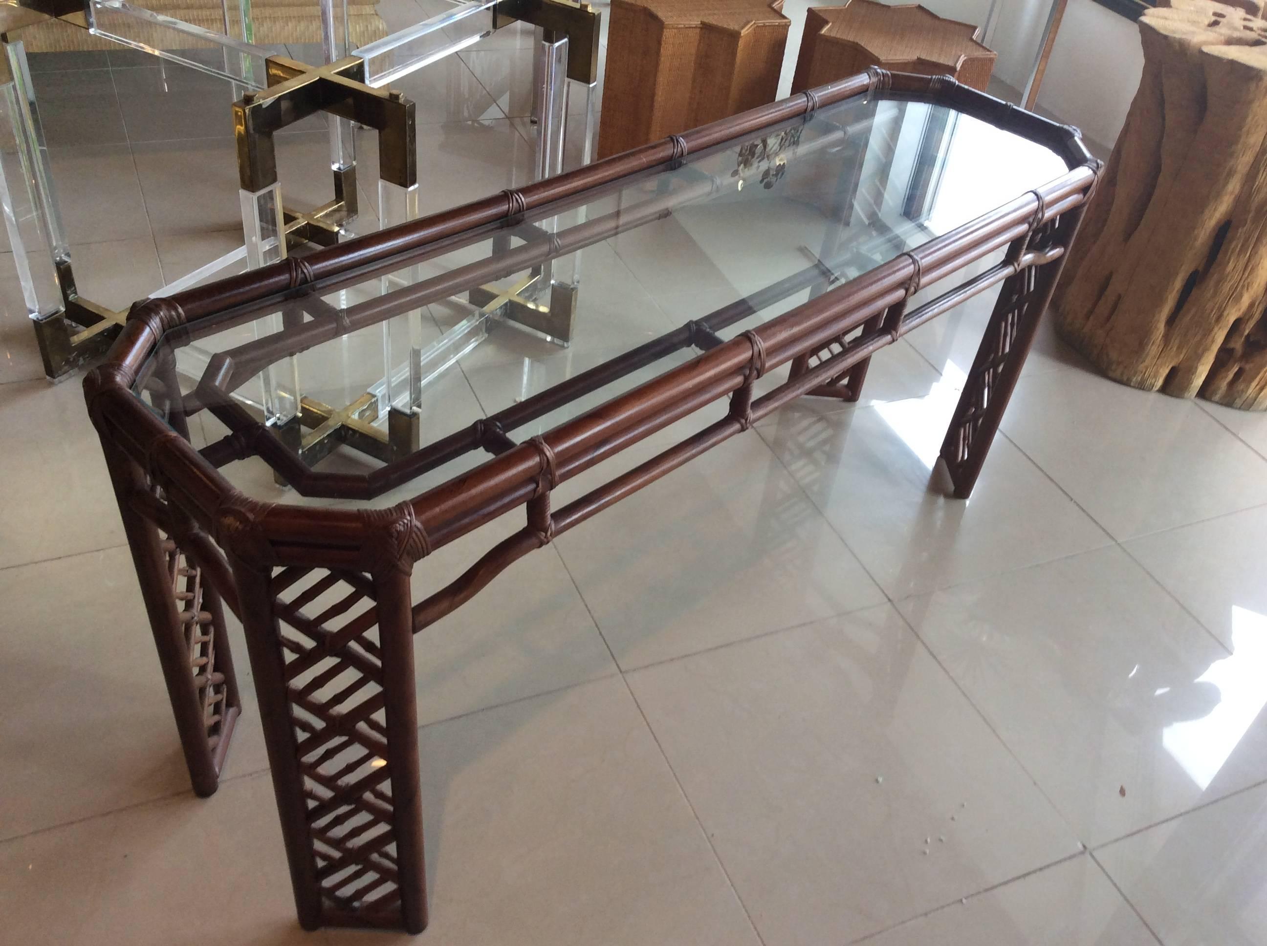 Late 20th Century Brown Jordan Rattan Console Table Faux Bamboo Hollywood Regency Wicker Vintage