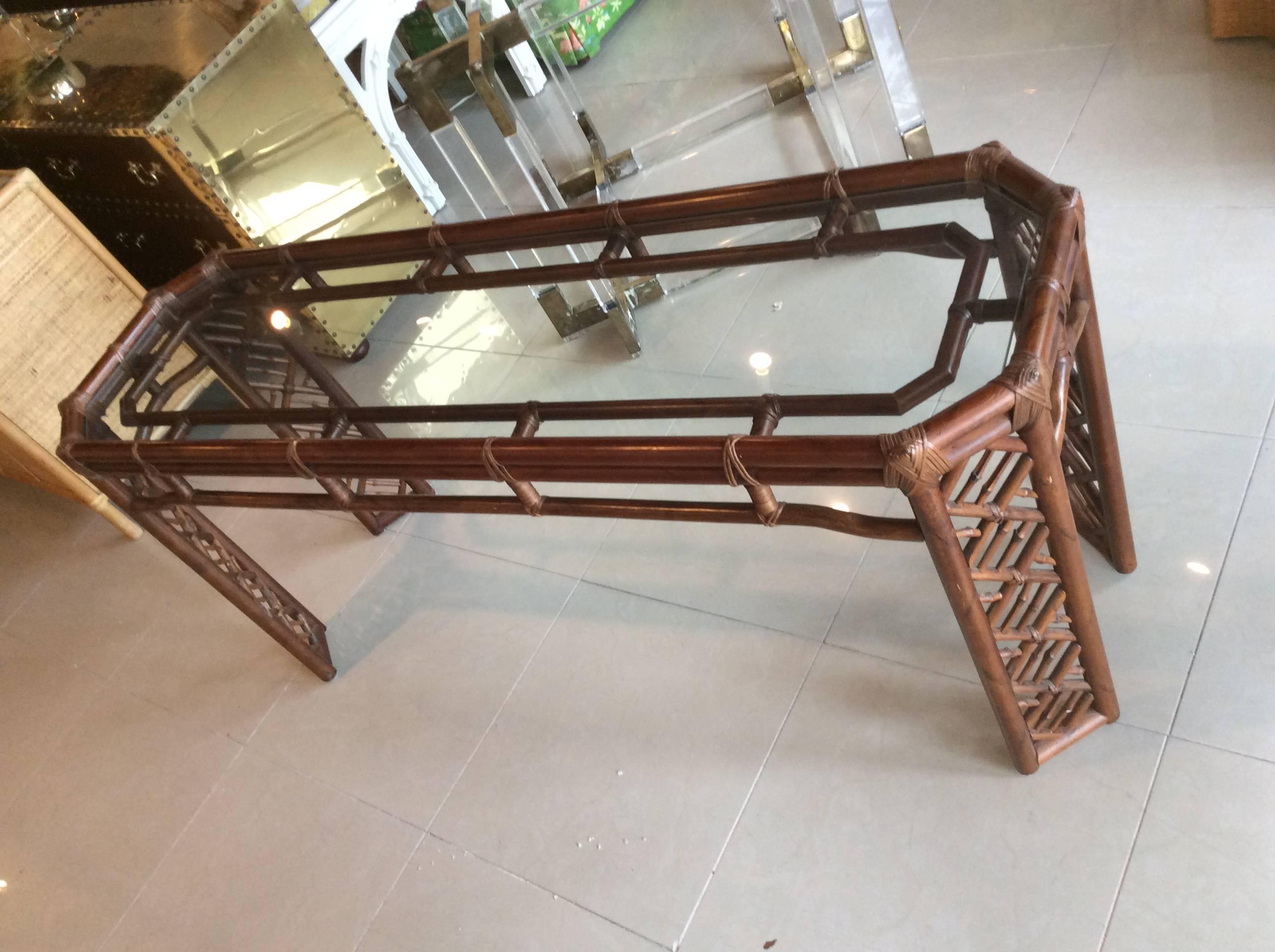 Brown Jordan Rattan Console Table Faux Bamboo Hollywood Regency Wicker Vintage 1