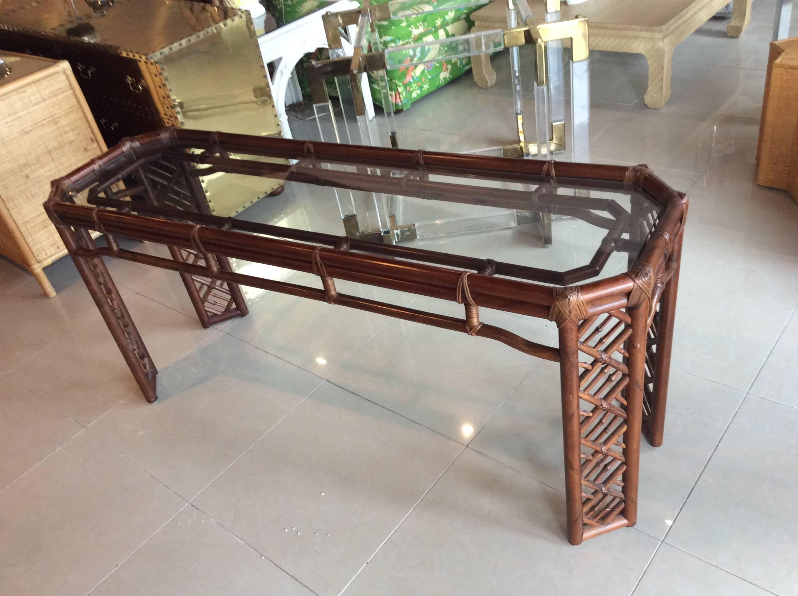 Brown Jordan Rattan Console Table Faux Bamboo Hollywood Regency Wicker Vintage 2