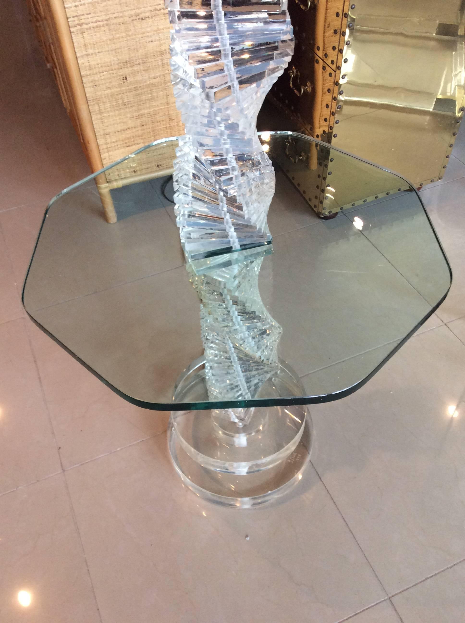 Vintage lucite floor lamp table, dated 1978 and signed. Comes with original finial. 