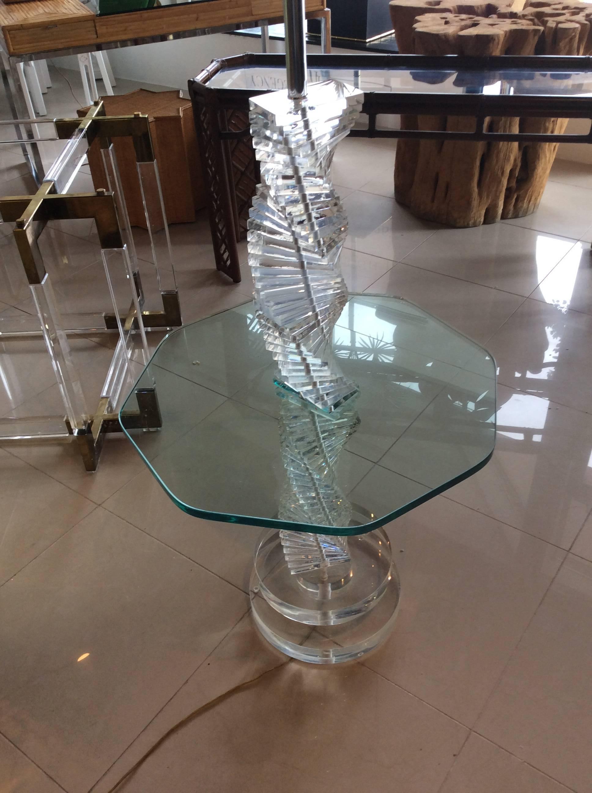 Lucite 1978 Floor Lamp Table Swirl Staircase Glass Hollywood Regency Signed 1