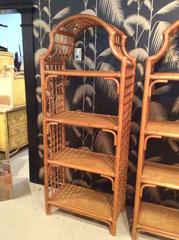Pair Rattan Pagoda Etageres Wicker Bamboo Shelves Tropical Palm Beach Shelf