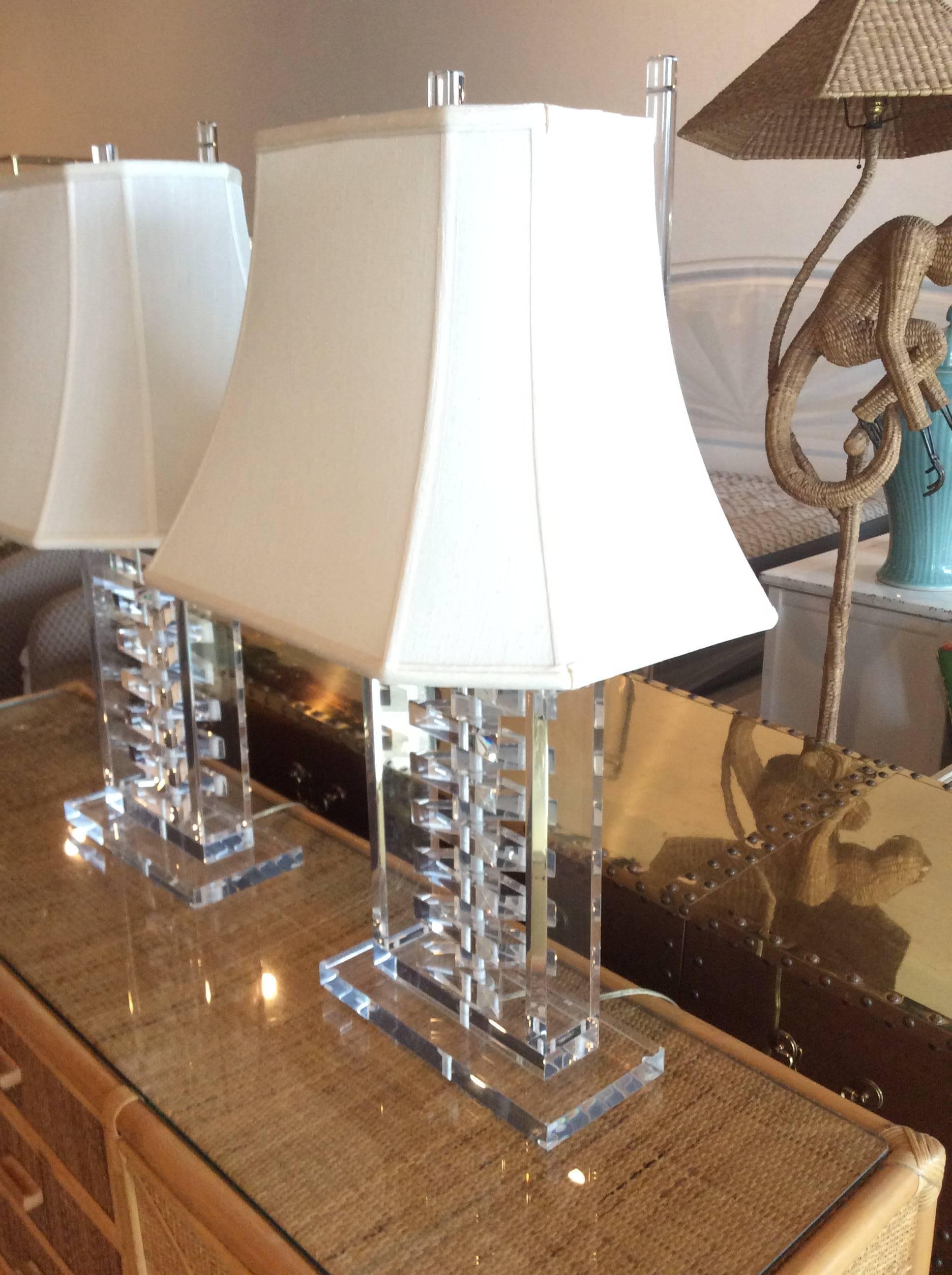 Pair of Lucite Stacked Table Lamps Karl Springer Style Hollywood Regency Shades For Sale 2
