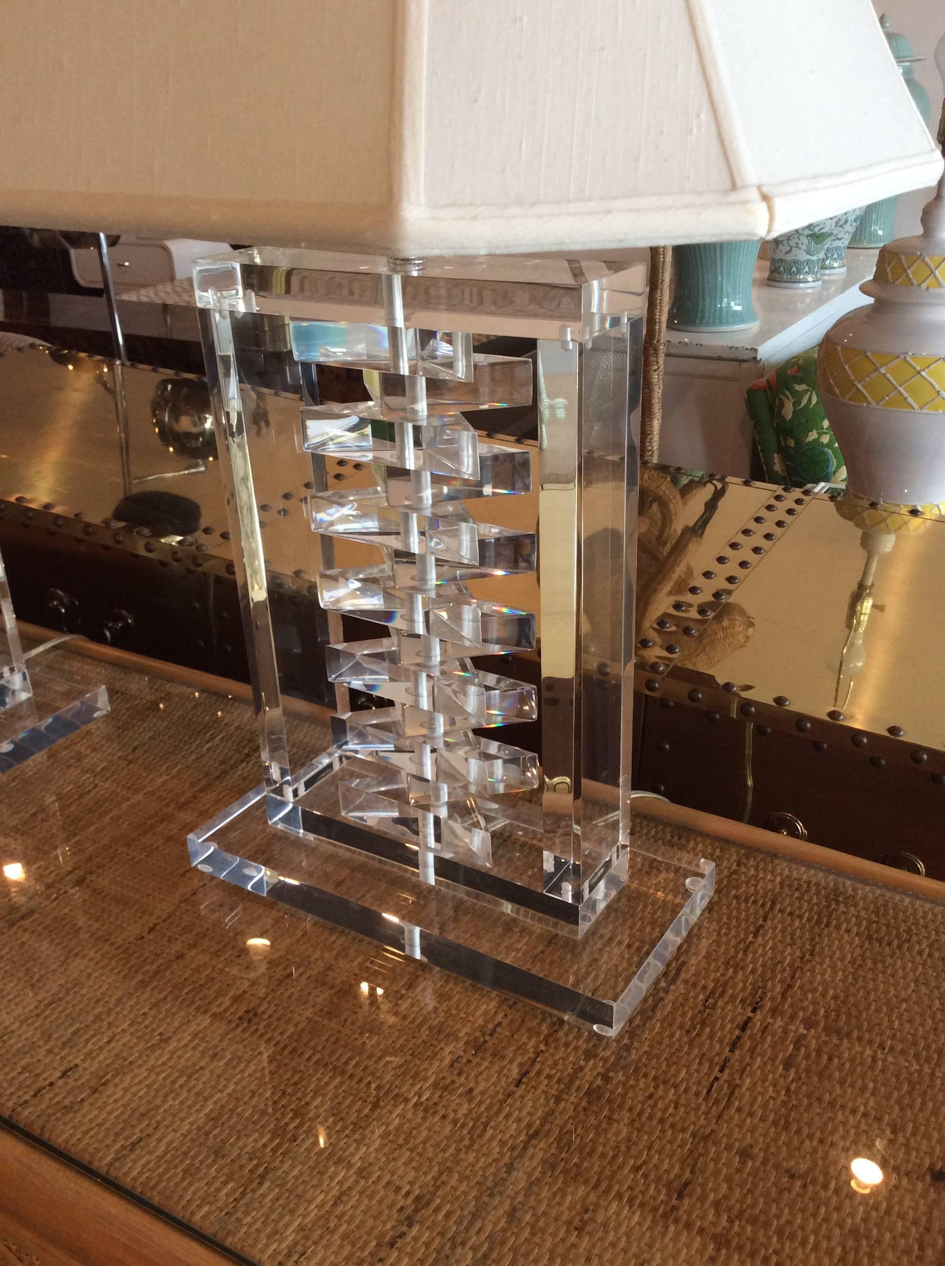 Pair of Lucite Stacked Table Lamps Karl Springer Style Hollywood Regency Shades For Sale 2