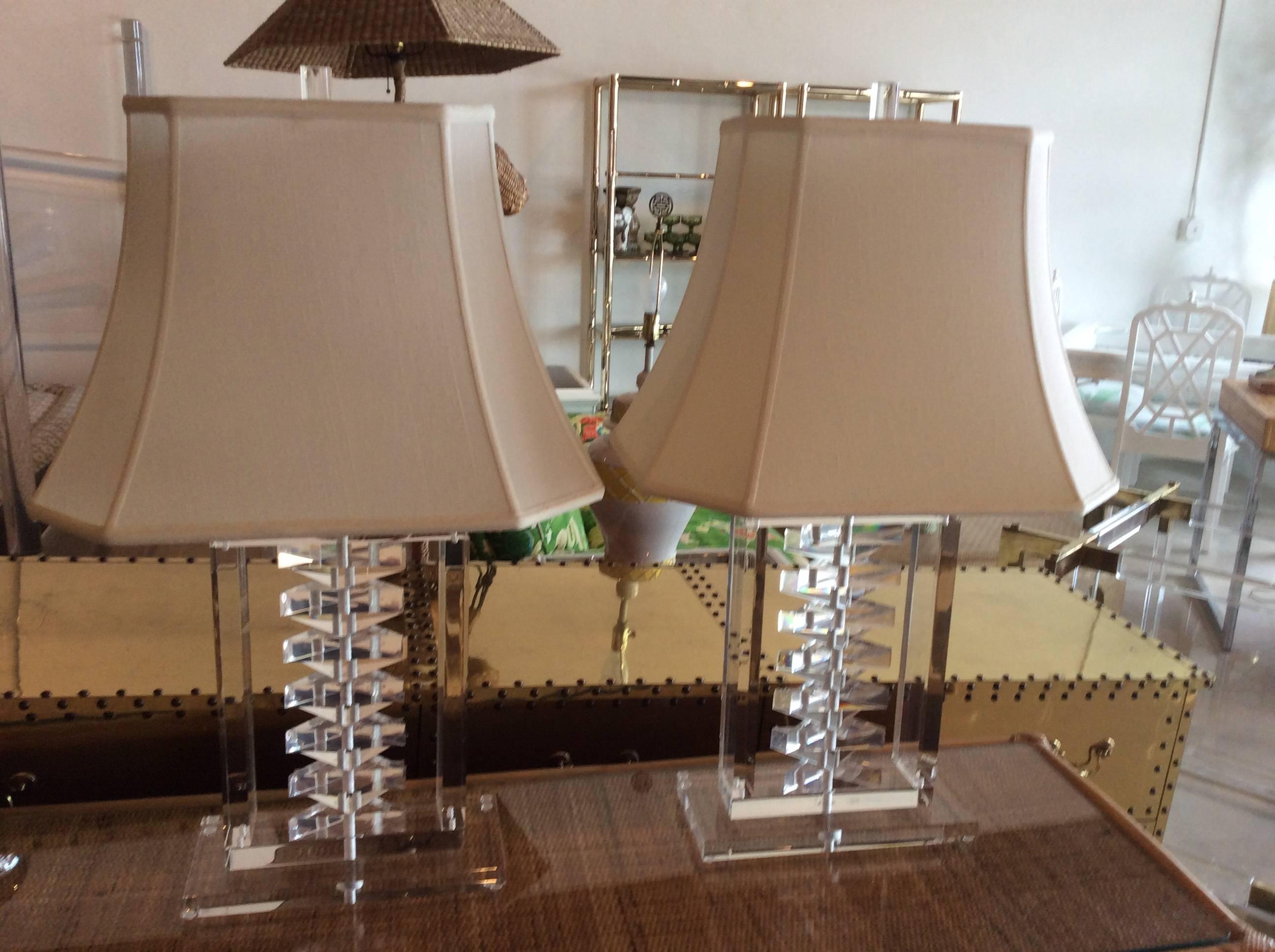 American Pair of Lucite Stacked Table Lamps Karl Springer Style Hollywood Regency Shades For Sale