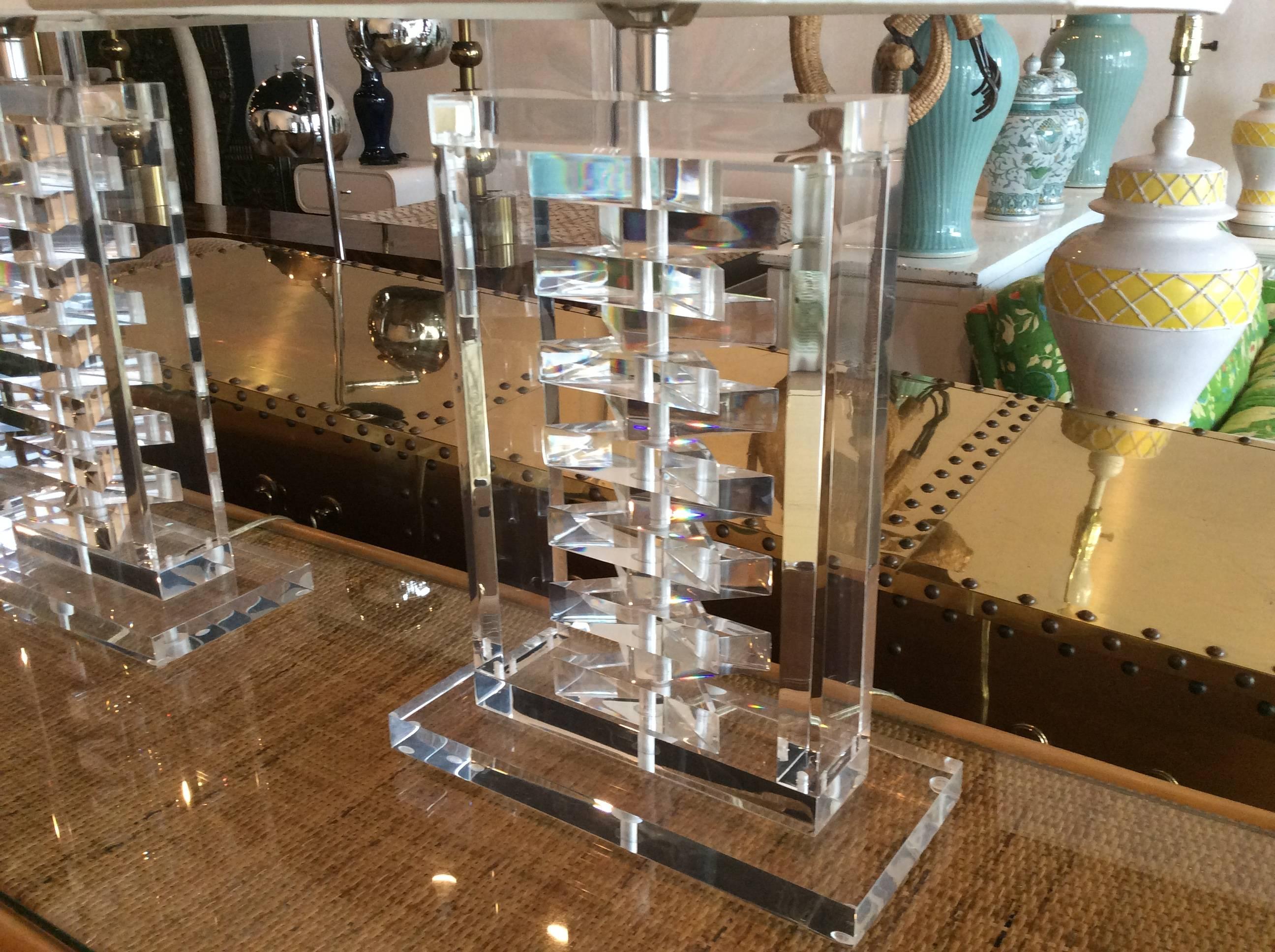 American Pair of Lucite Stacked Table Lamps Karl Springer Style Hollywood Regency Shades For Sale