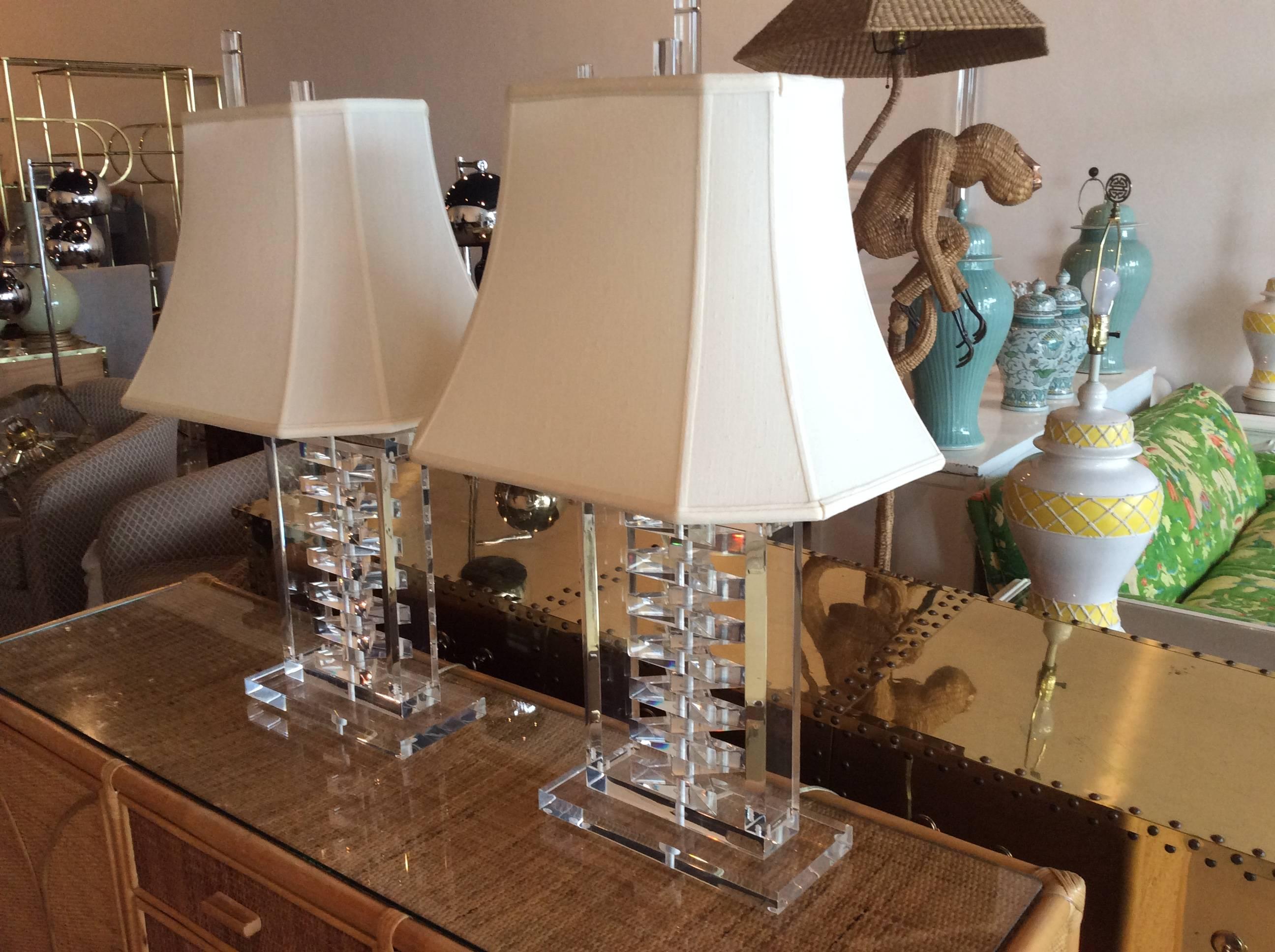 Pair of Lucite Stacked Table Lamps Karl Springer Style Hollywood Regency Shades For Sale 1