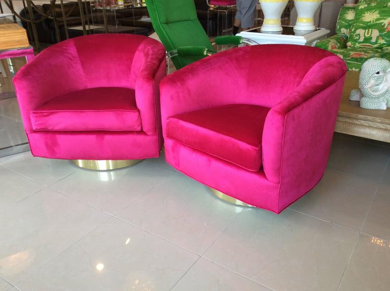 Pair of Milo Baughman Pink Velvet Brass Swivel Tub Barrel Armchairs