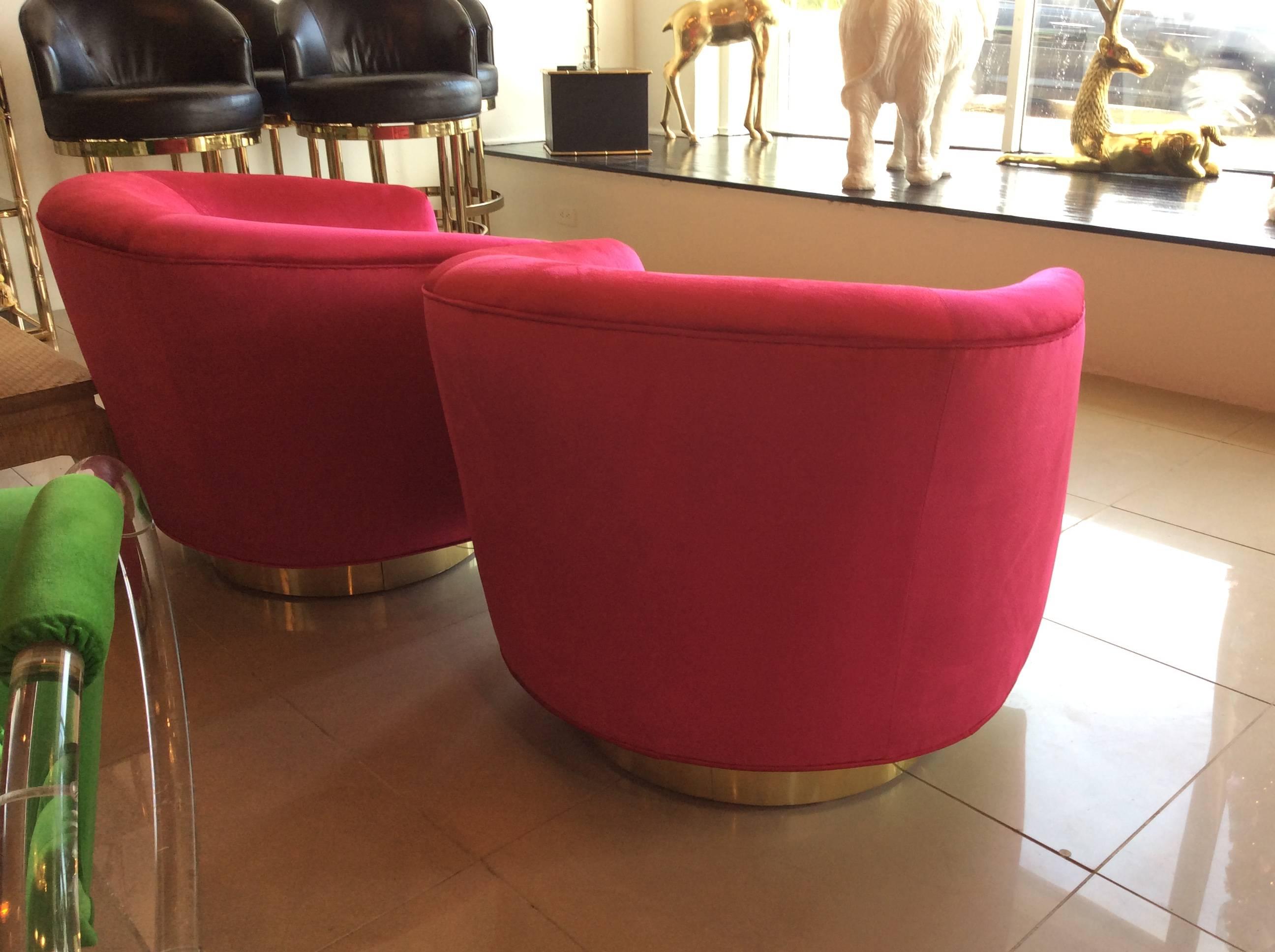 Hollywood Regency Pair of Milo Baughman Pink Velvet Brass Swivel Tub Barrel Armchairs Vintage