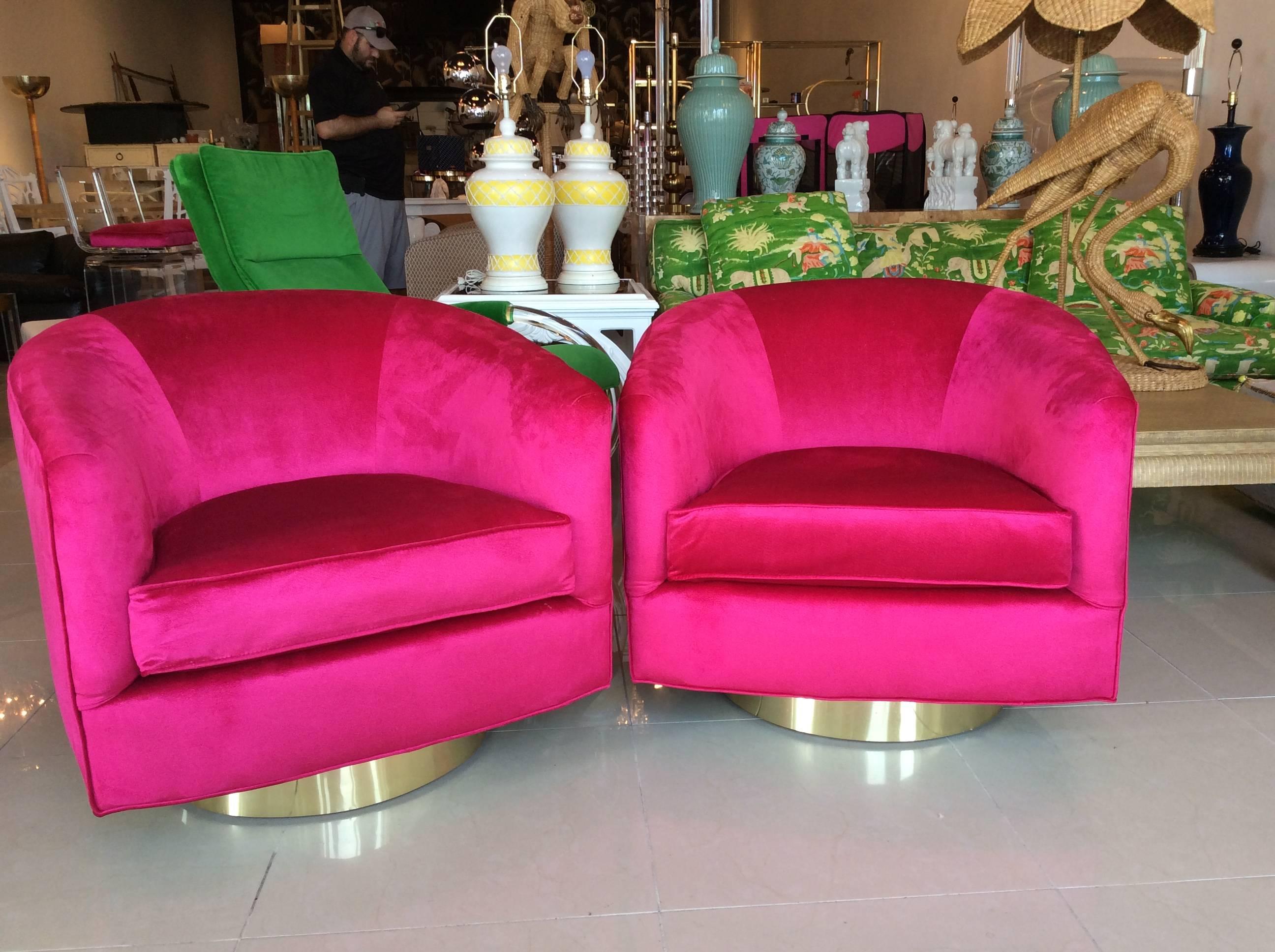 Pair of Milo Baughman Pink Velvet Brass Swivel Tub Barrel Armchairs Vintage In Excellent Condition In West Palm Beach, FL