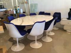Knoll Tulip Table Eero Saarinen Marble & Ten Swivel Blue Dining Chairs Oval