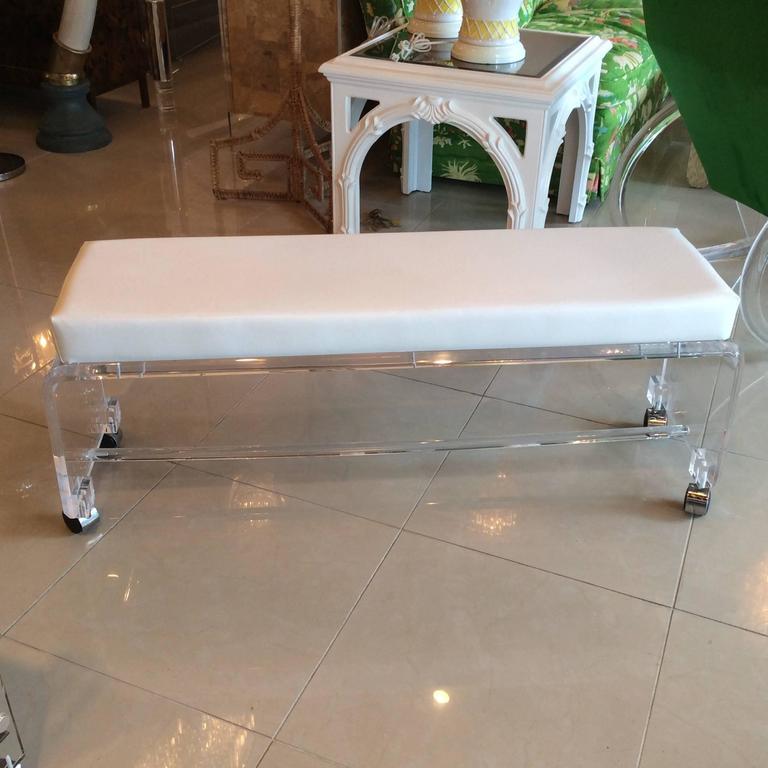 Lucite Waterfall End of Bed Bench Seat Chair White Leather Vintage