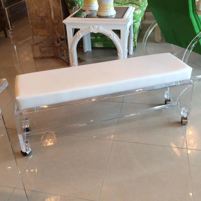Lucite Waterfall End of Bed Bench Seat Chair White Leather Vintage