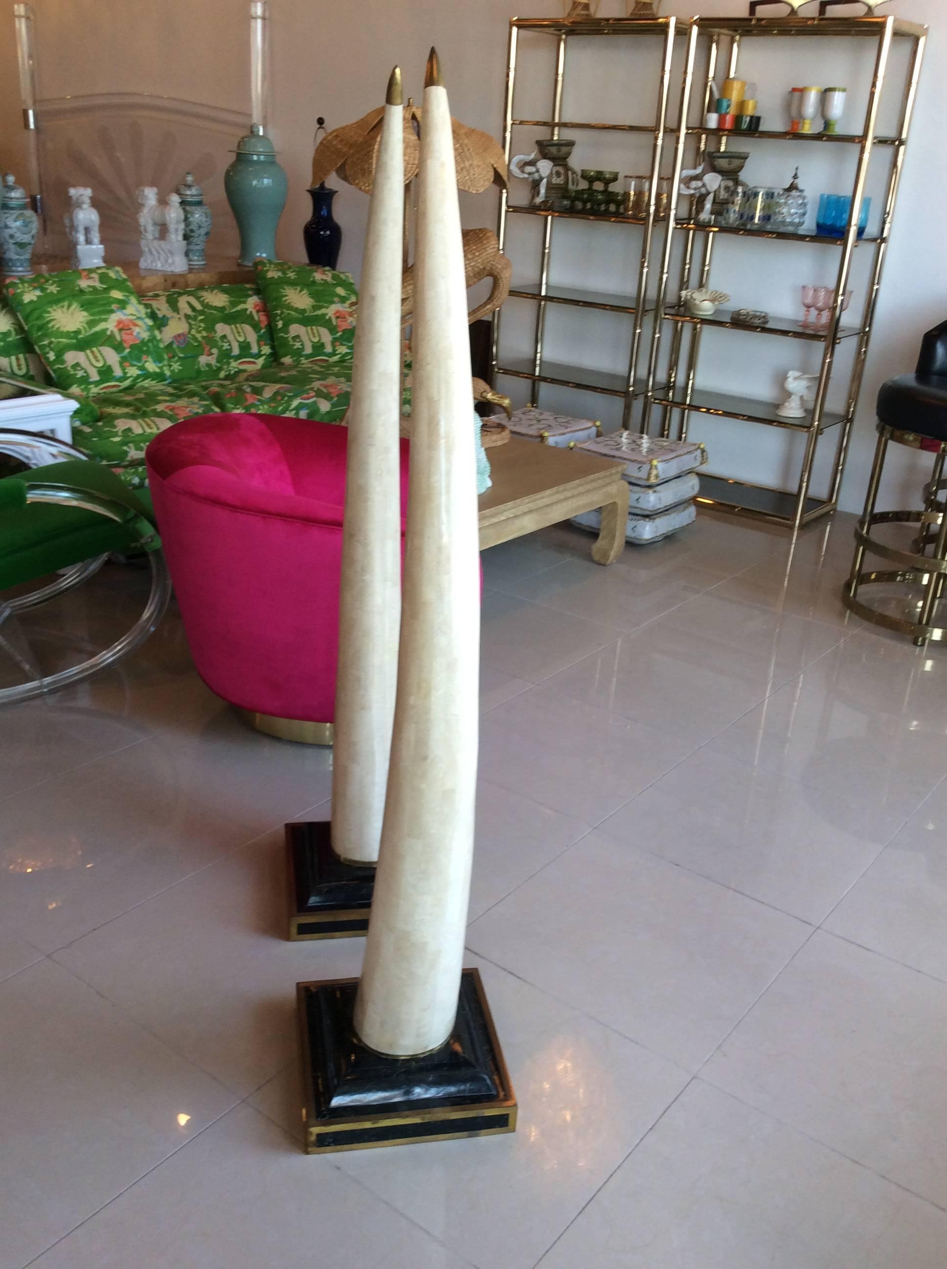 American Pair of Maitland-Smith Brass Tesselated Stone and Brass Faux Elephant Tusks