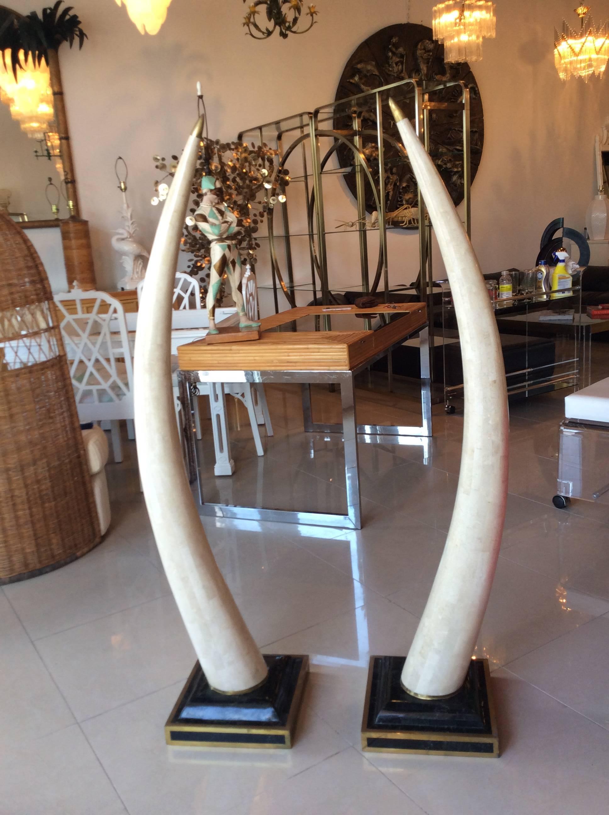 Pair of Maitland-Smith Brass Tesselated Stone and Brass Faux Elephant Tusks In Excellent Condition In West Palm Beach, FL