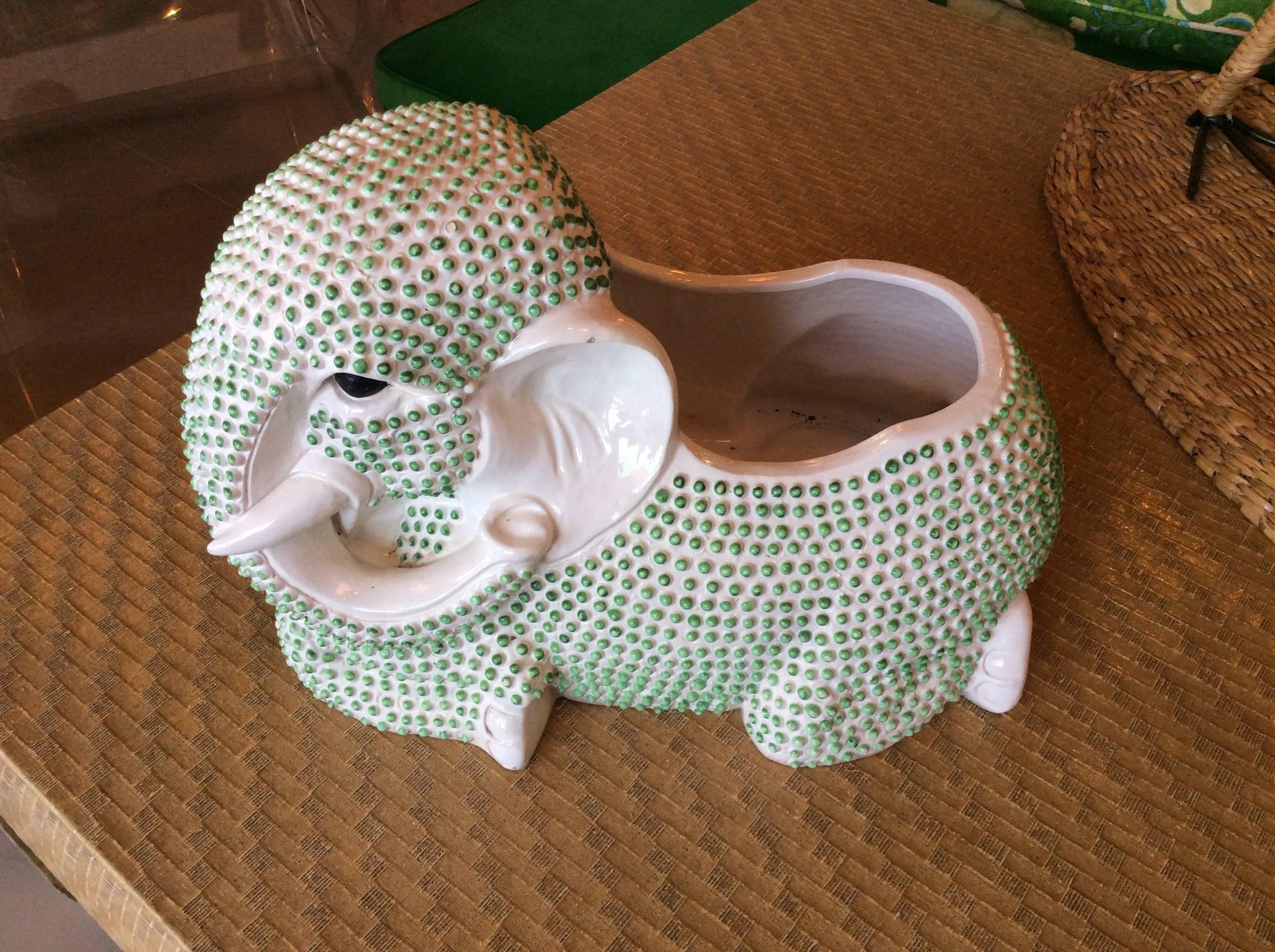 Such a cute vintage 1970s ceramic elephant planter with the best green hobnail! Perfect palm beach, Hollywood Regency piece!