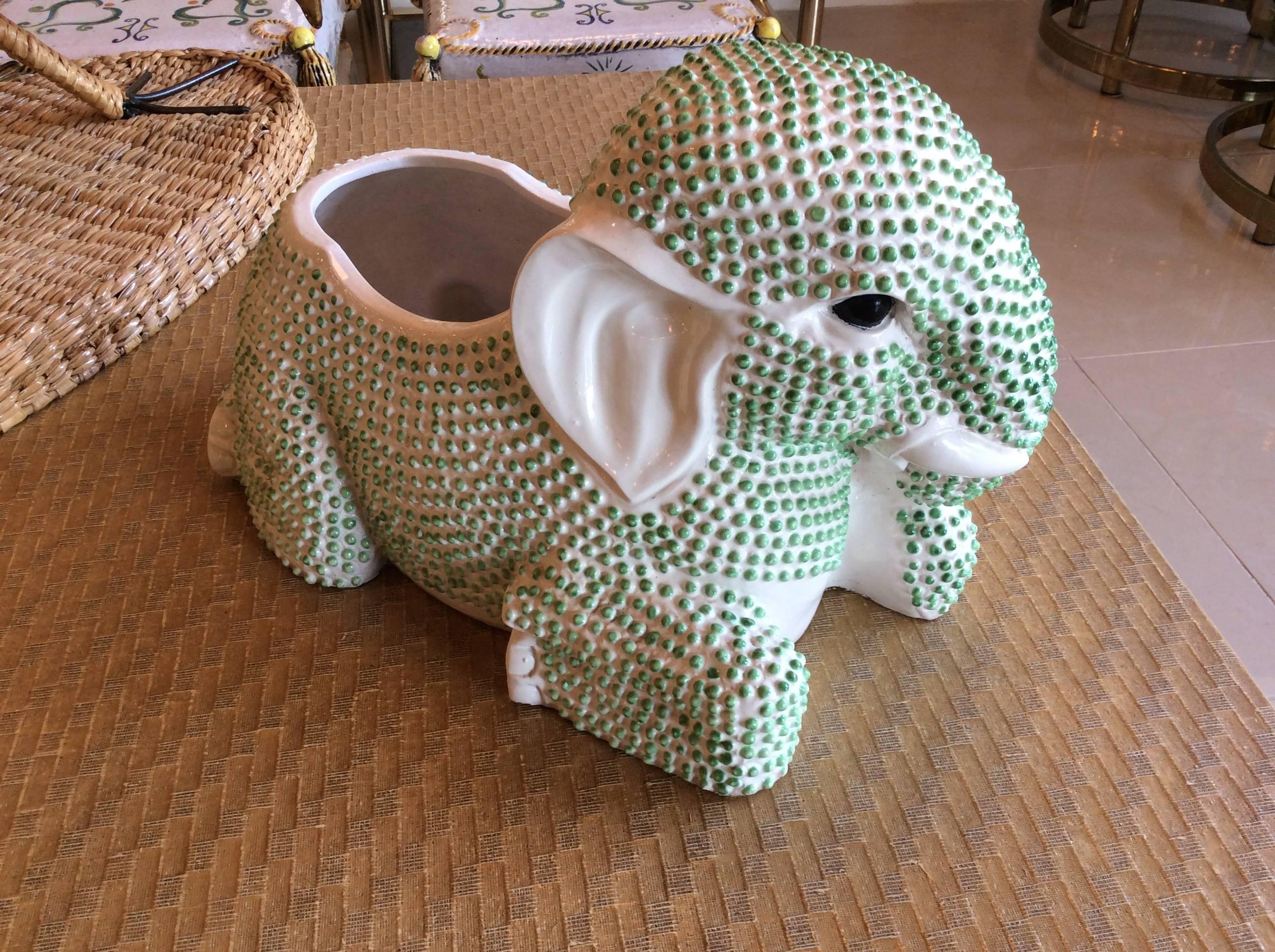Hollywood Regency Green Hobnail Elephant Ceramic Planter Pot Vintage Palm Beach Garden Plant