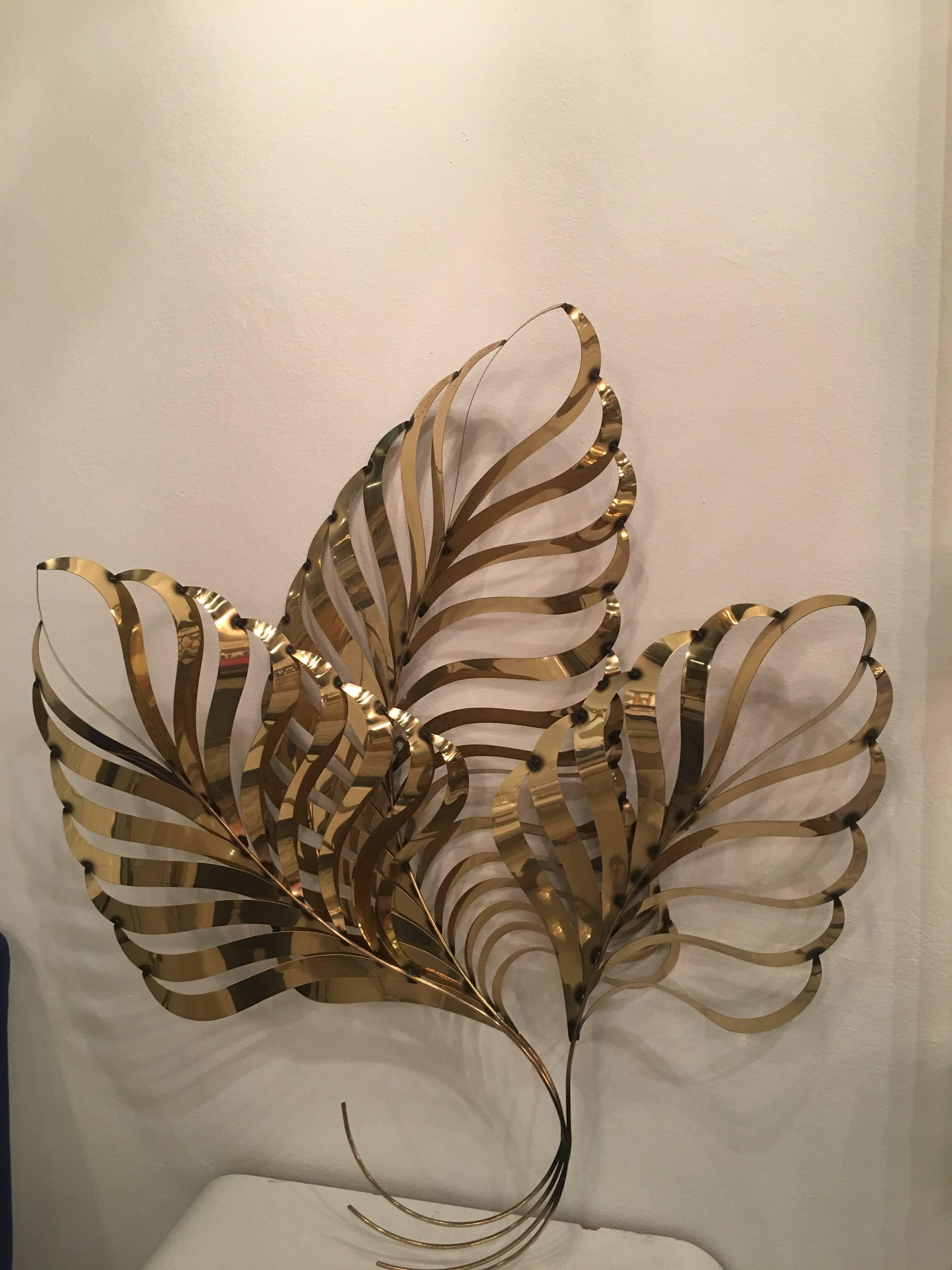 Beautiful vintage Curtis C. Jere brass palm frond leaf tree wall hanging. Ready to hang. Some patina spots on the back side and a few on some side leafs (pictured).