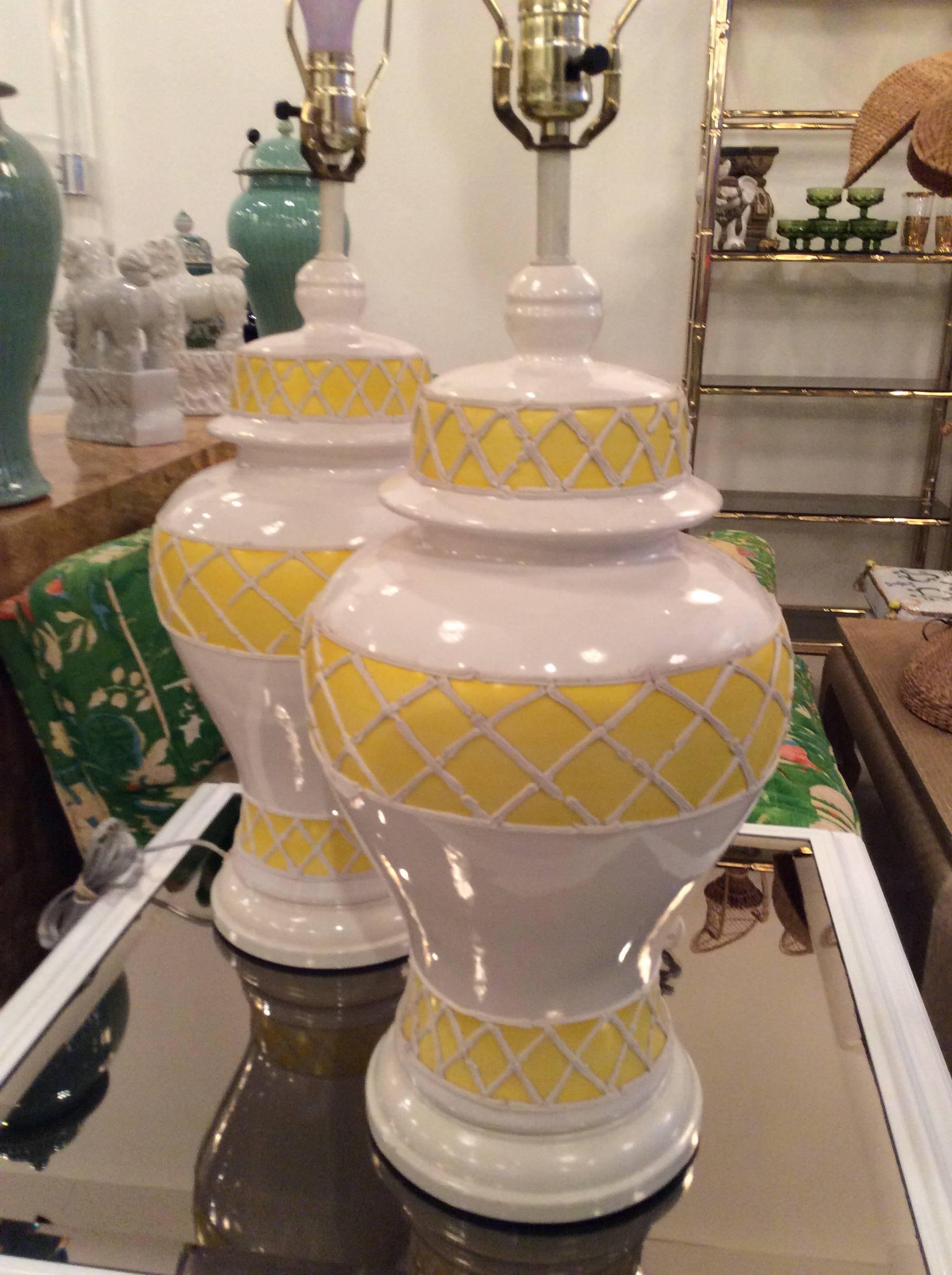 American Large Vintage Ginger Jar Icing Table Lamps Pair in Ceramic Yellow, Palm Beach