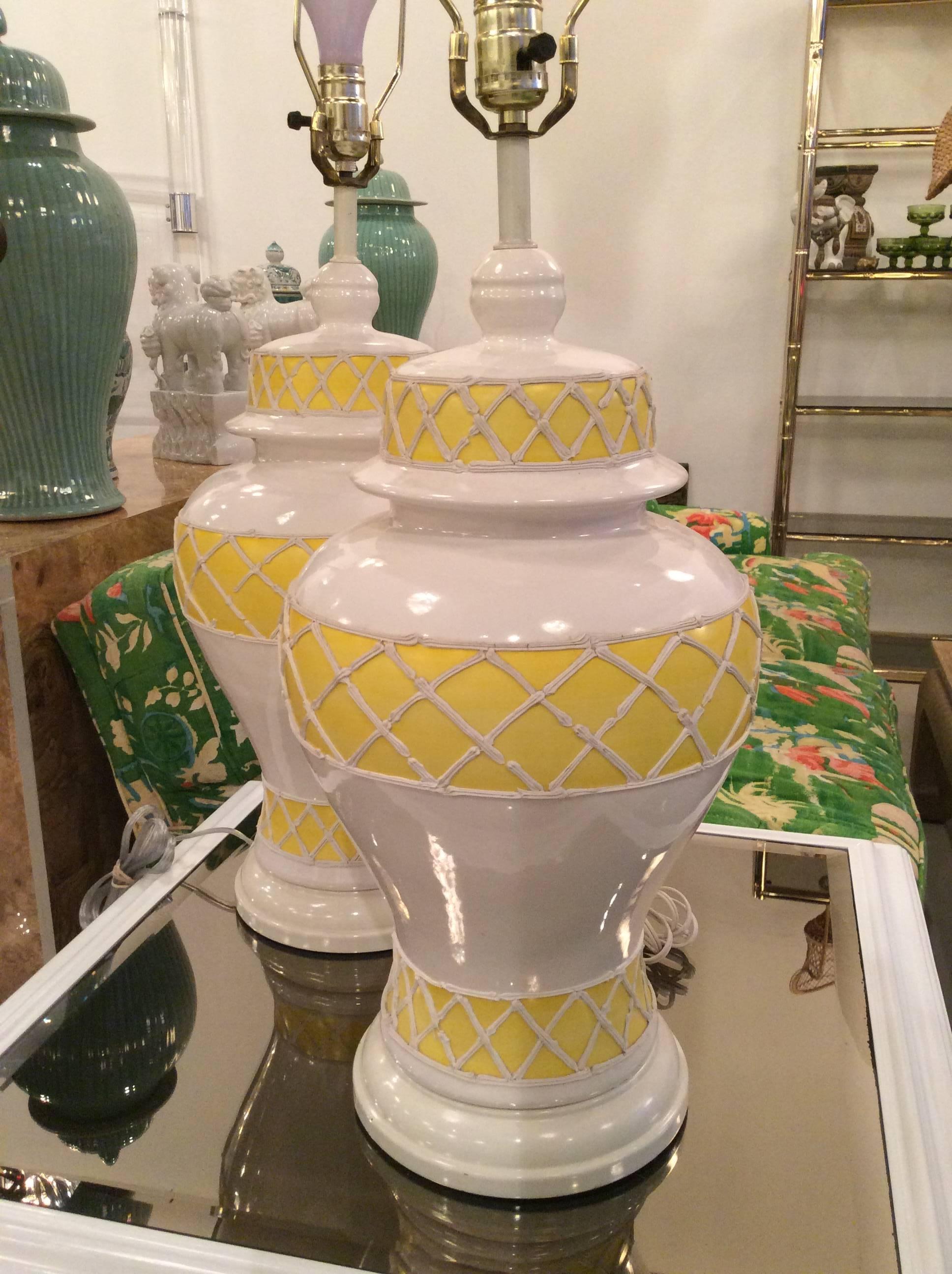 Late 20th Century Large Vintage Ginger Jar Icing Table Lamps Pair in Ceramic Yellow, Palm Beach