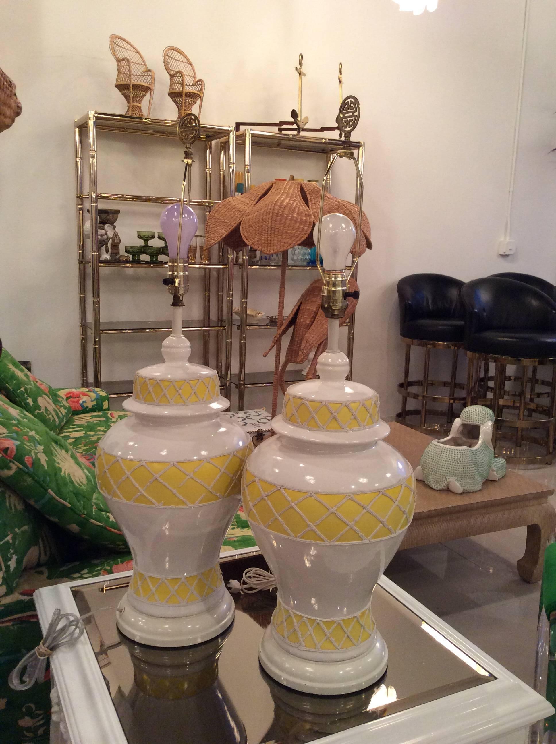 Large Vintage Ginger Jar Icing Table Lamps Pair in Ceramic Yellow, Palm Beach 2