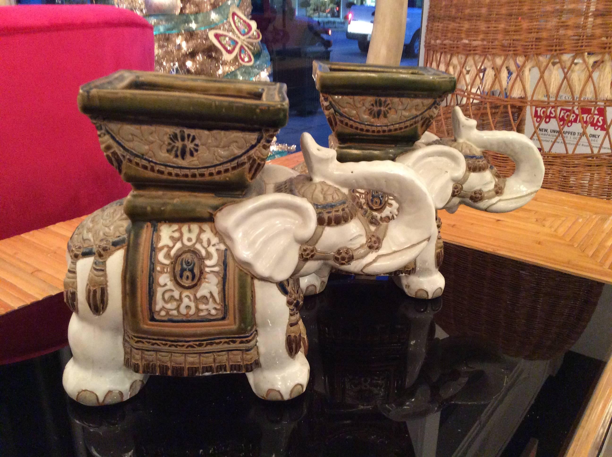 Pair of vintage terra cotta elephant planters, pots. No chips or breaks. Hollywood Regency, oriental decor.